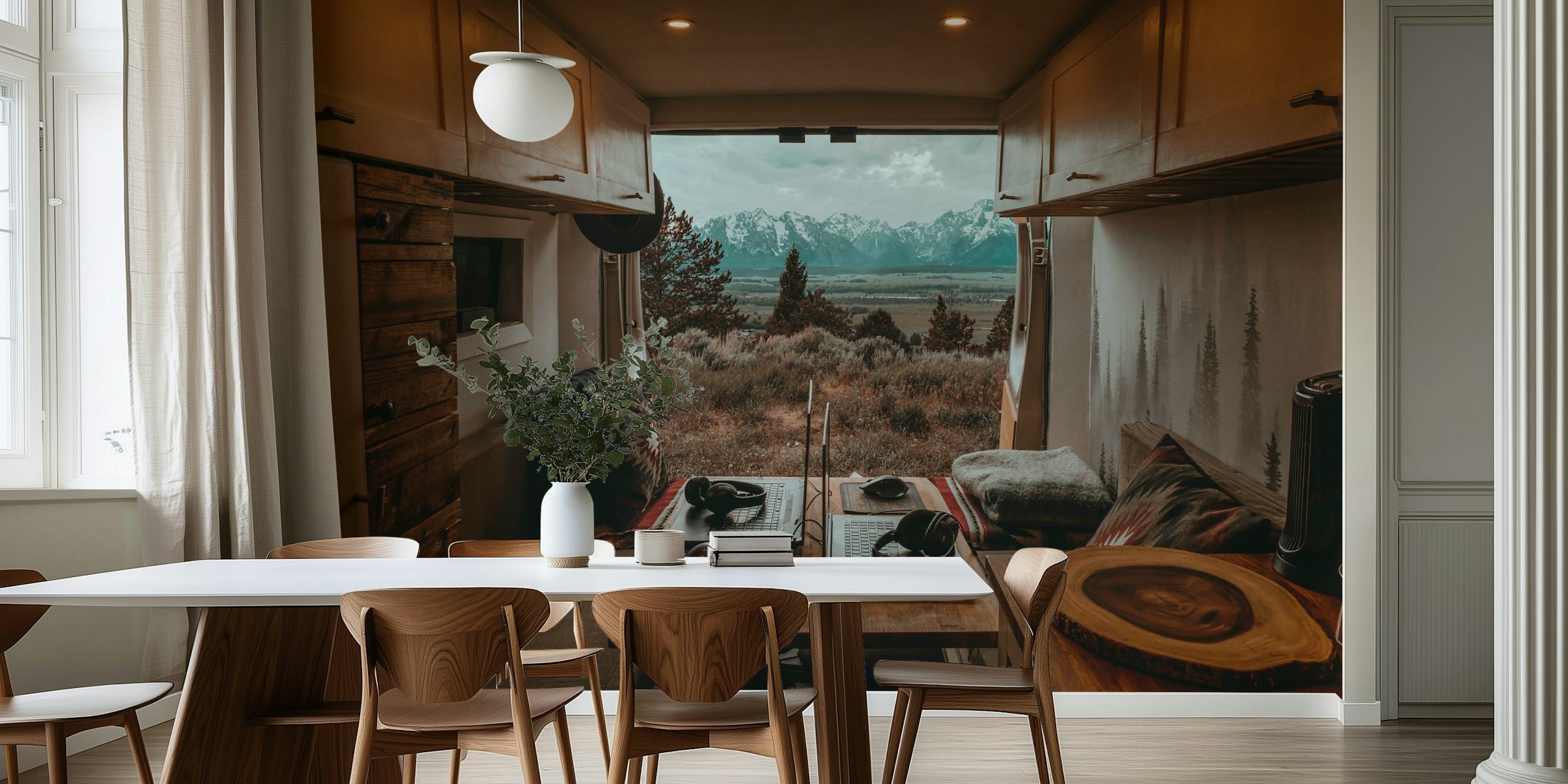 Papier peint Scenic Vanlife Camper Van Vue sur la montagne - Thème Grand Teton