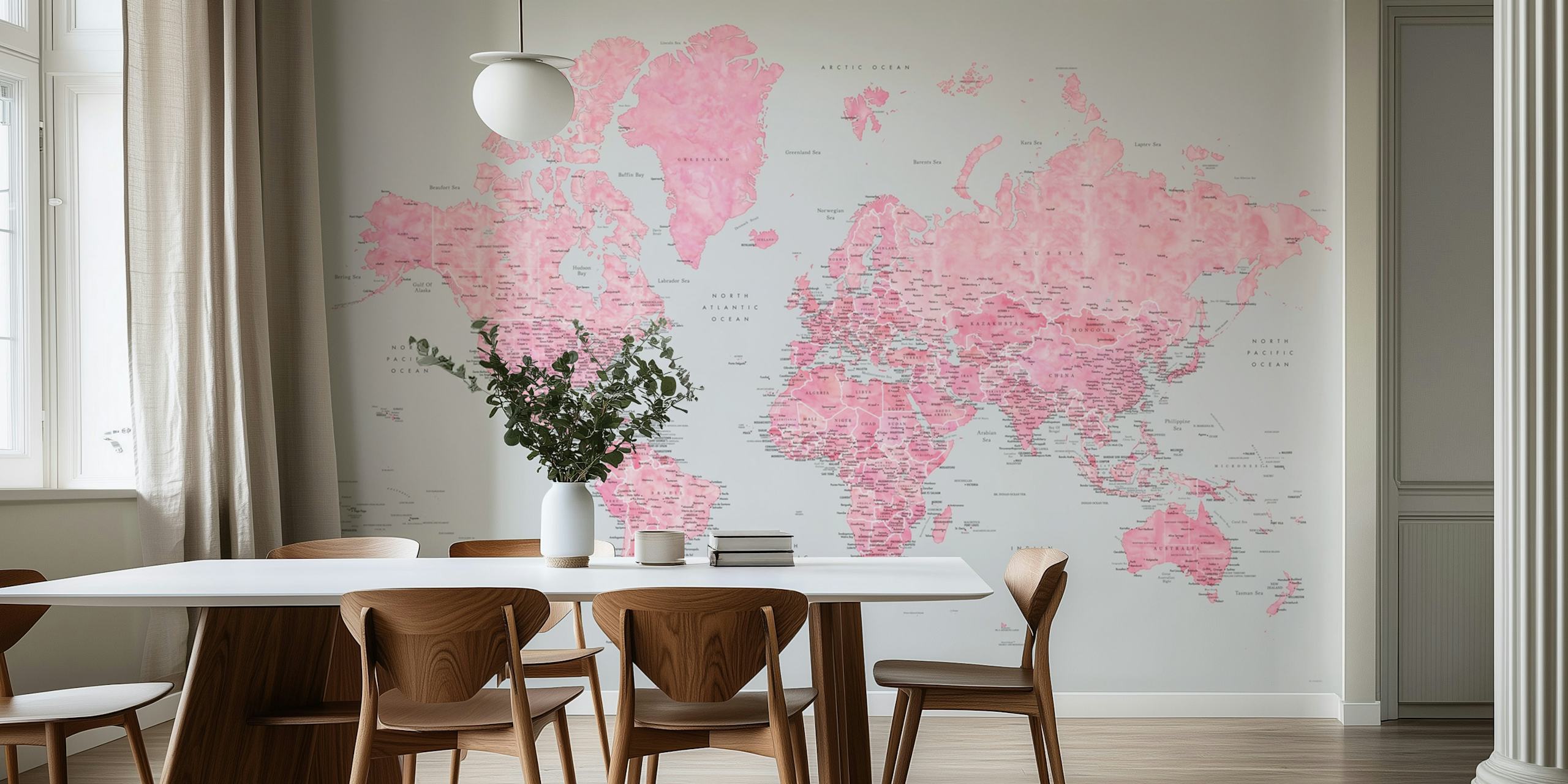 Detailed world map wallpaper in a stylish room