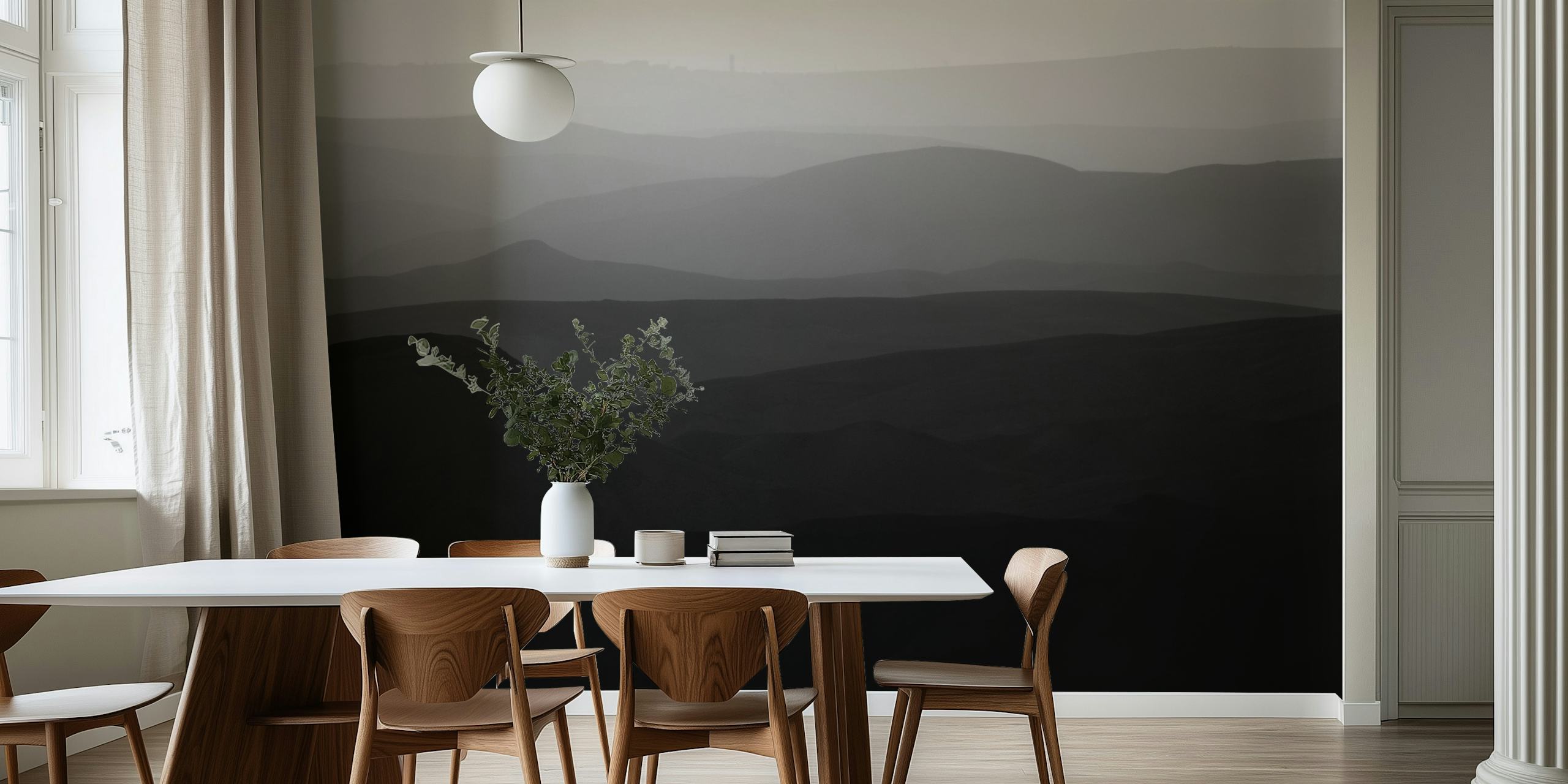 Svart og hvitt veggmaleri som viser de bølgende åsene i Judea-ørkenen