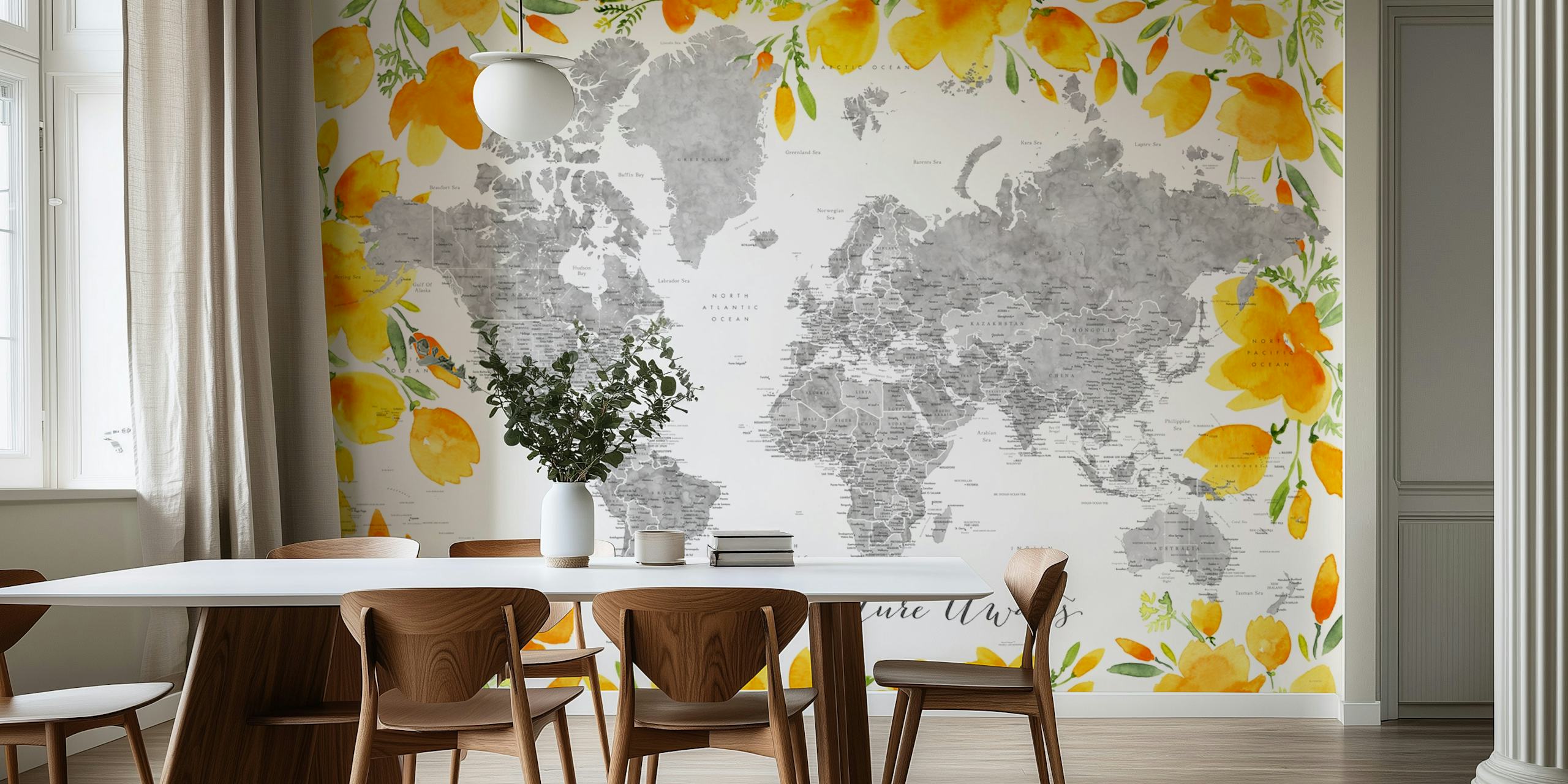 Detaillierte Weltkarte mit orangefarbenem Blumenrand Wandbild