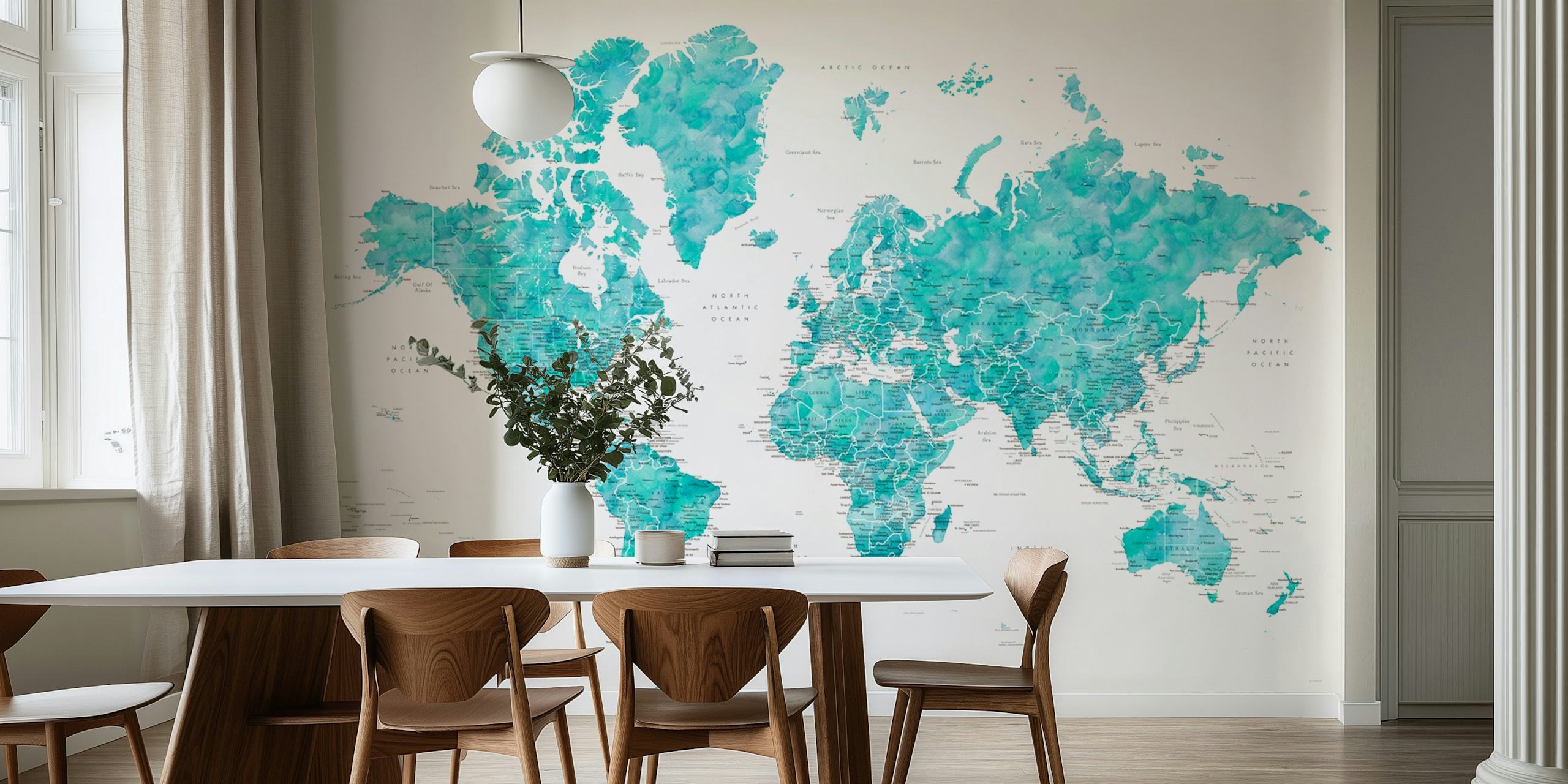Watercolor world map in vibrant blue tones wallpaper