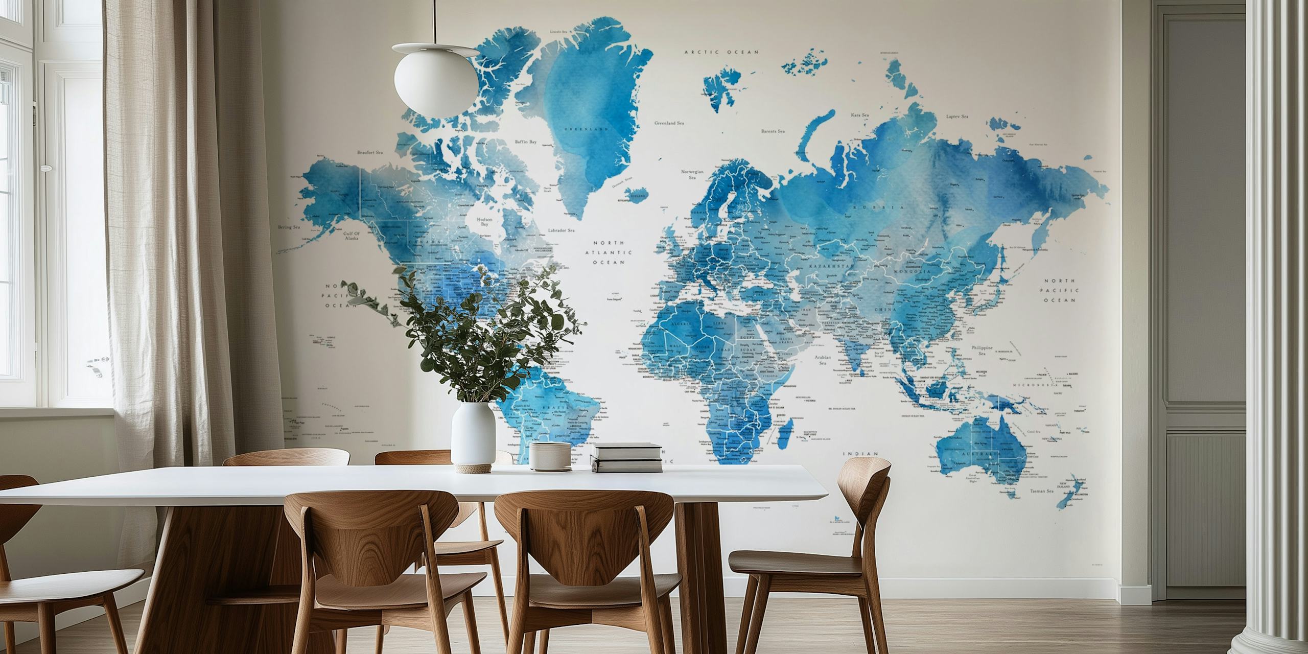 World map in blue watercolor tones wall mural