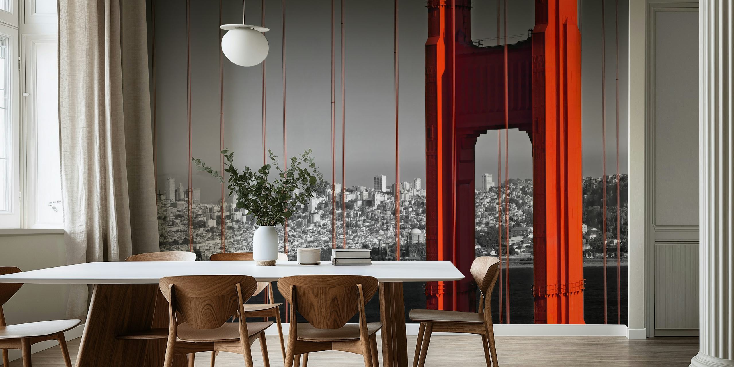 Golden Gate Bridge with red details and black and white cityscape wallpaper