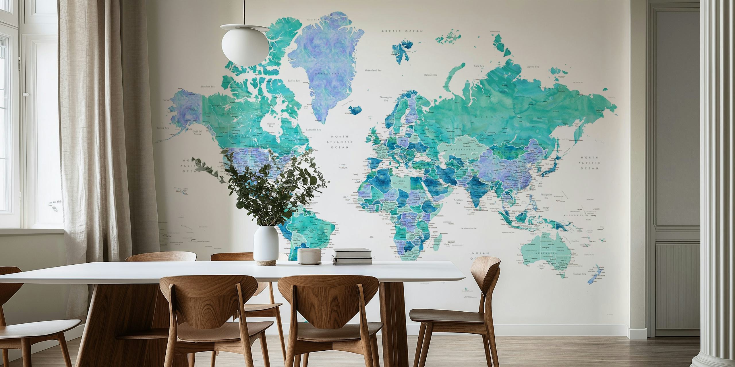 Colorful world map in shades of blue and green wallpaper