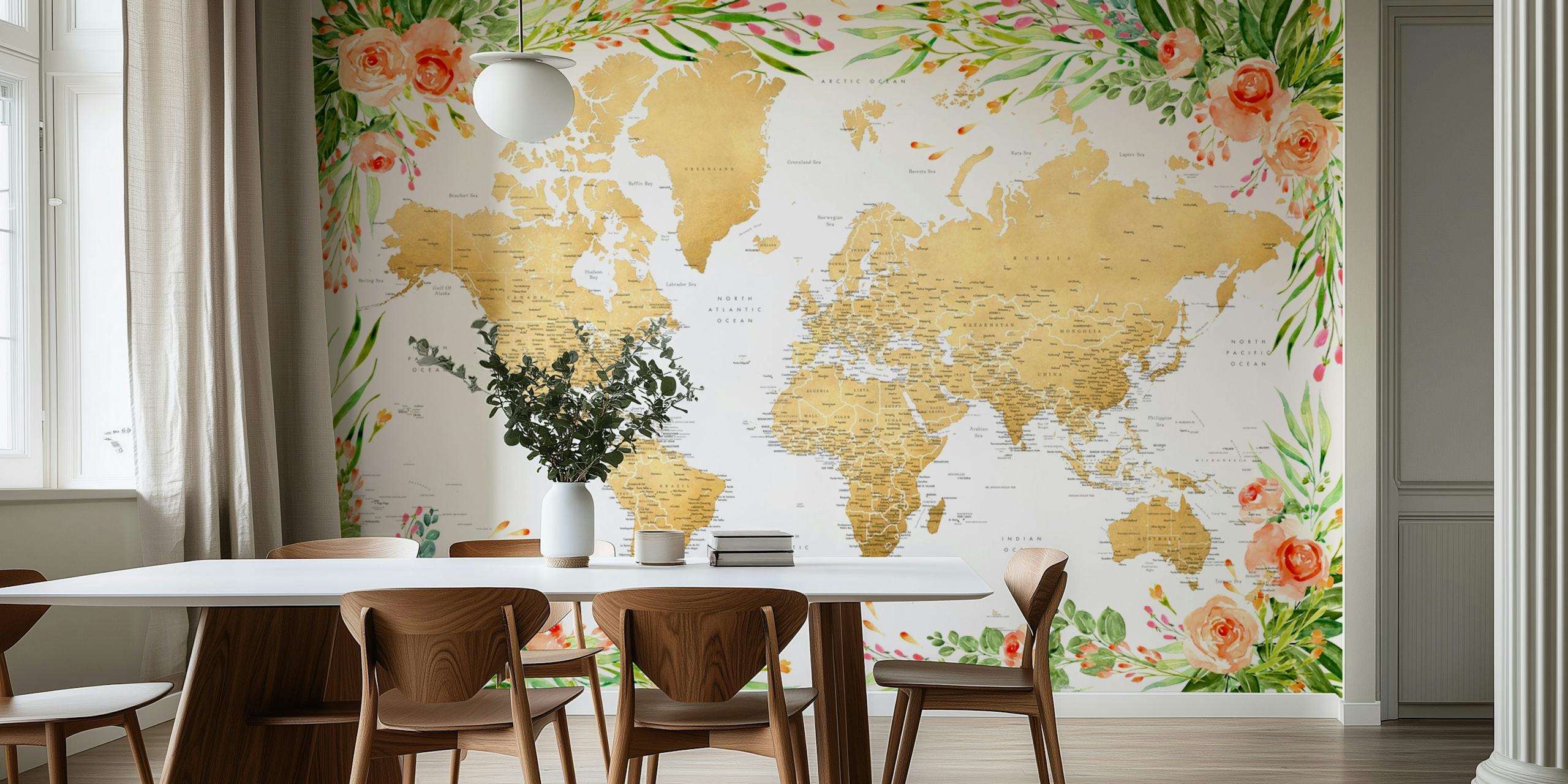 World map adorned with colorful floral patterns and golden accents wallpaper