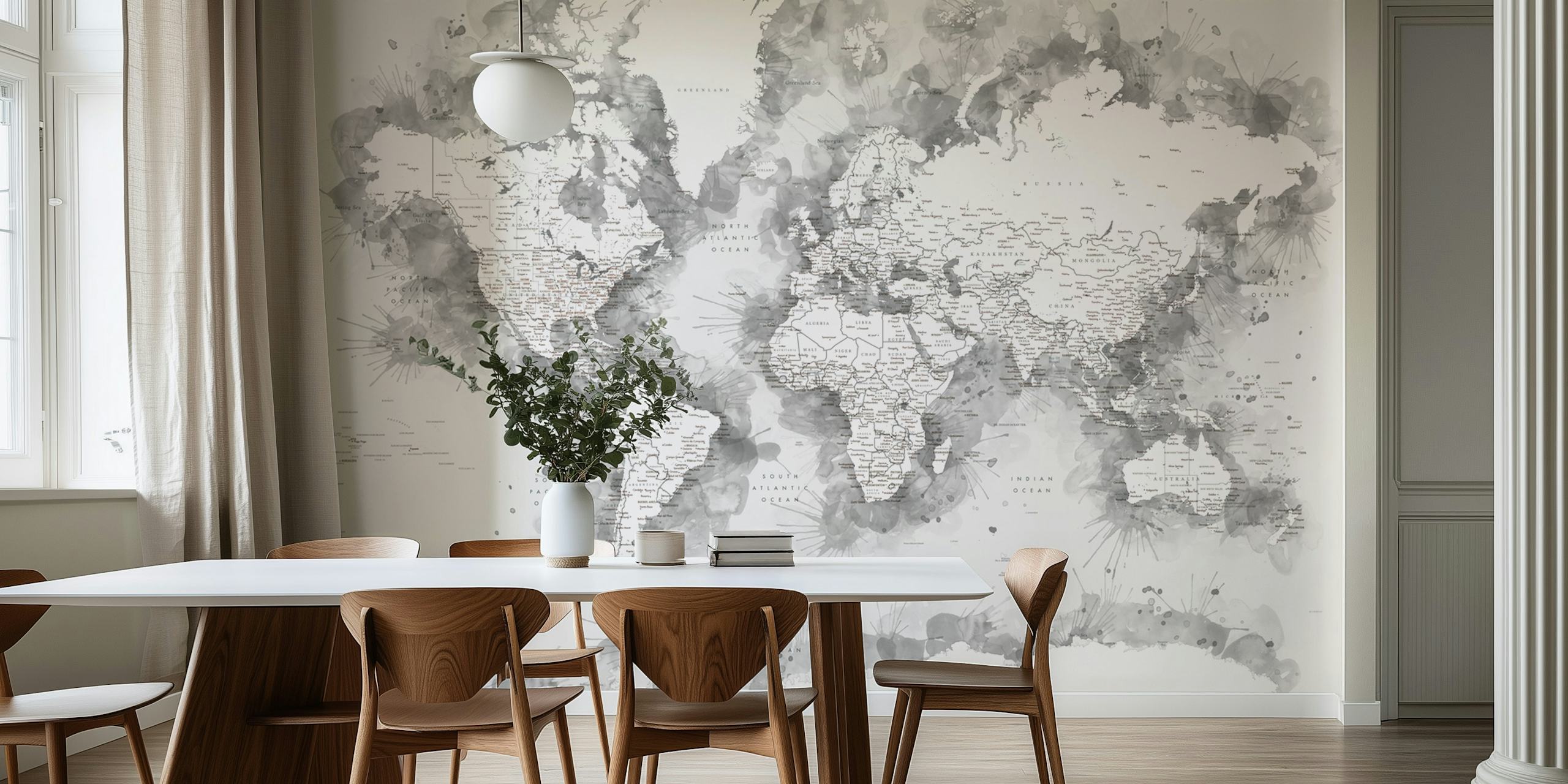 Zwart-wit gedetailleerde wereldkaart muurschildering voor moderne interieurs.