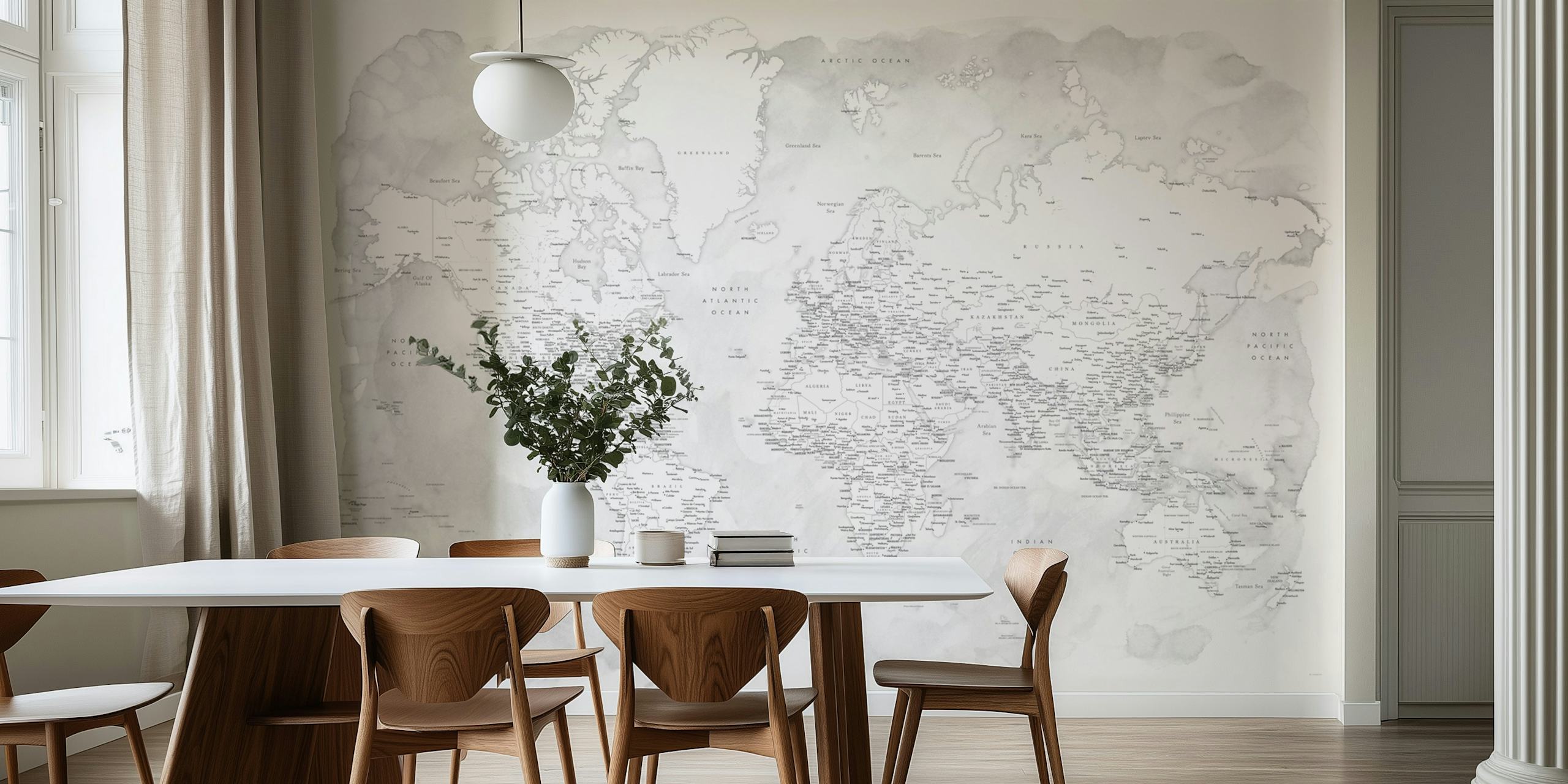 Grey detailed world map with labeled countries and continents wallpaper