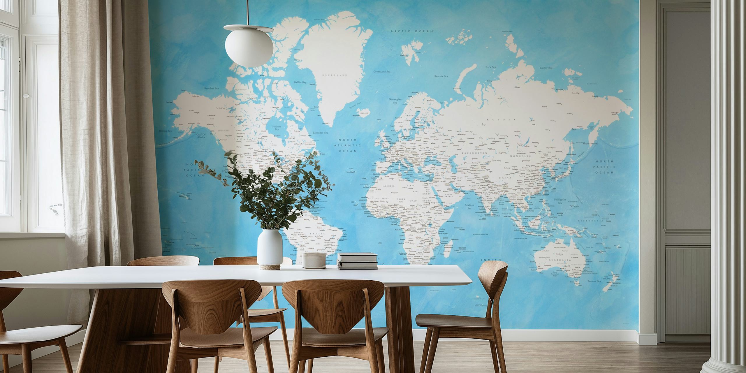 Papel pintado de mapa mundial detallado en una habitación
