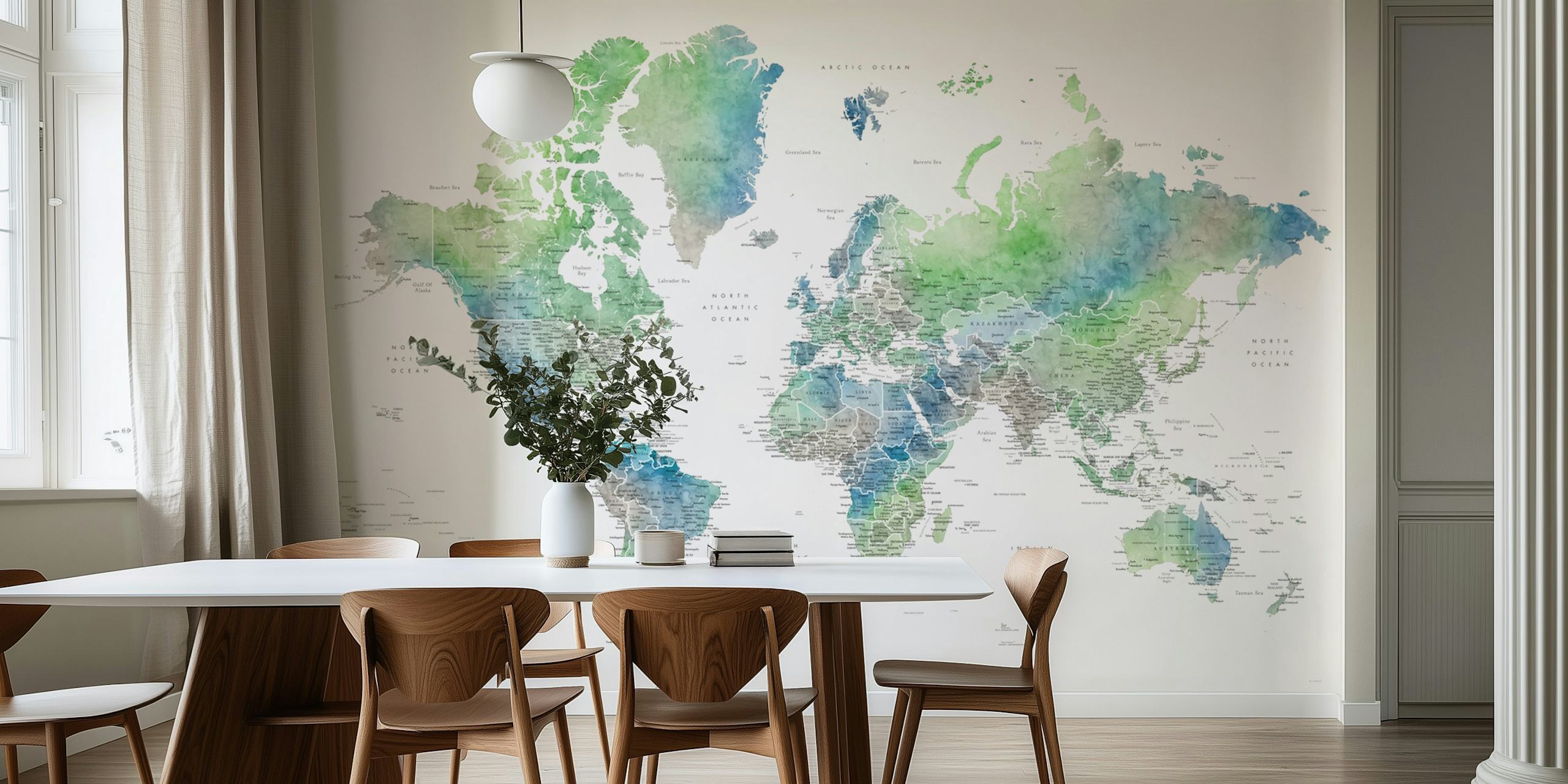 Detailed world map wallpaper in a stylish room