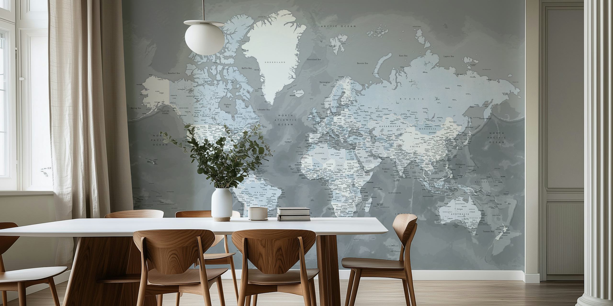 Grayscale detailed world map wall mural from happywall.com