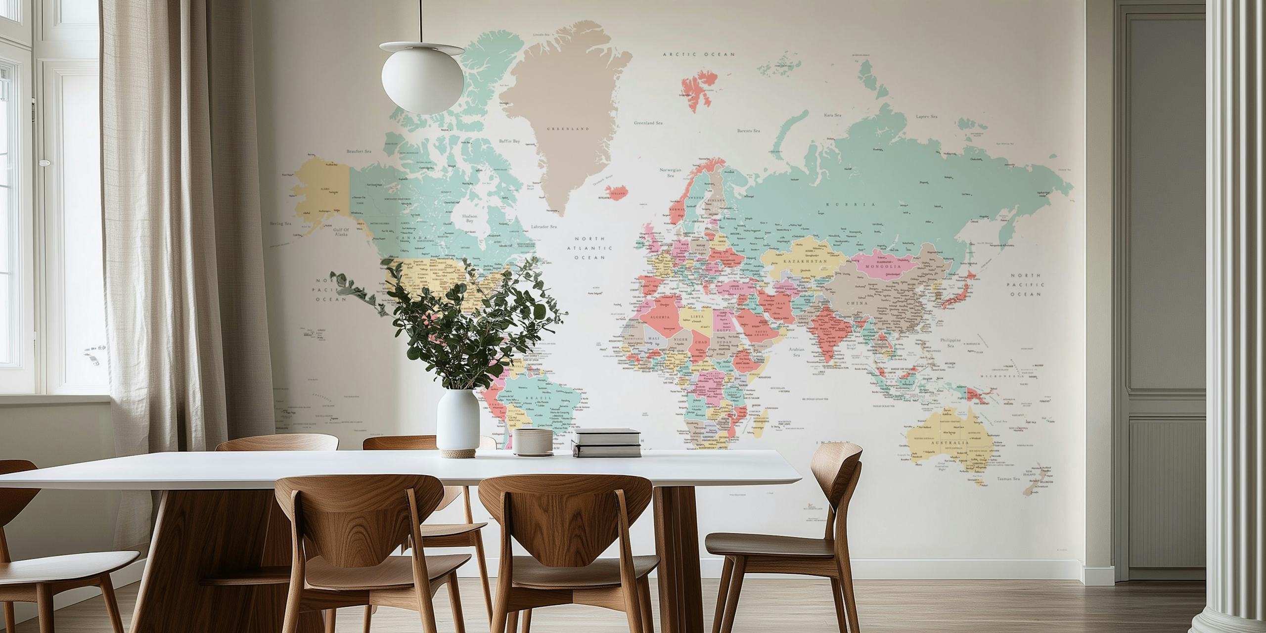 Detailed world map Pastella wallpaper in a room