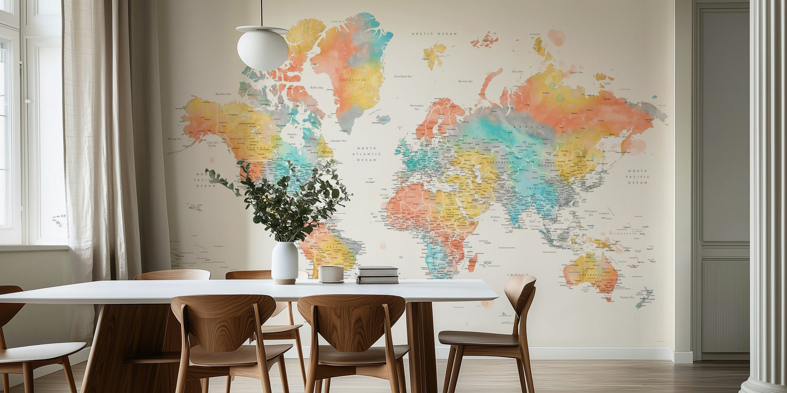 Colorful and detailed world map wall mural for interior decoration