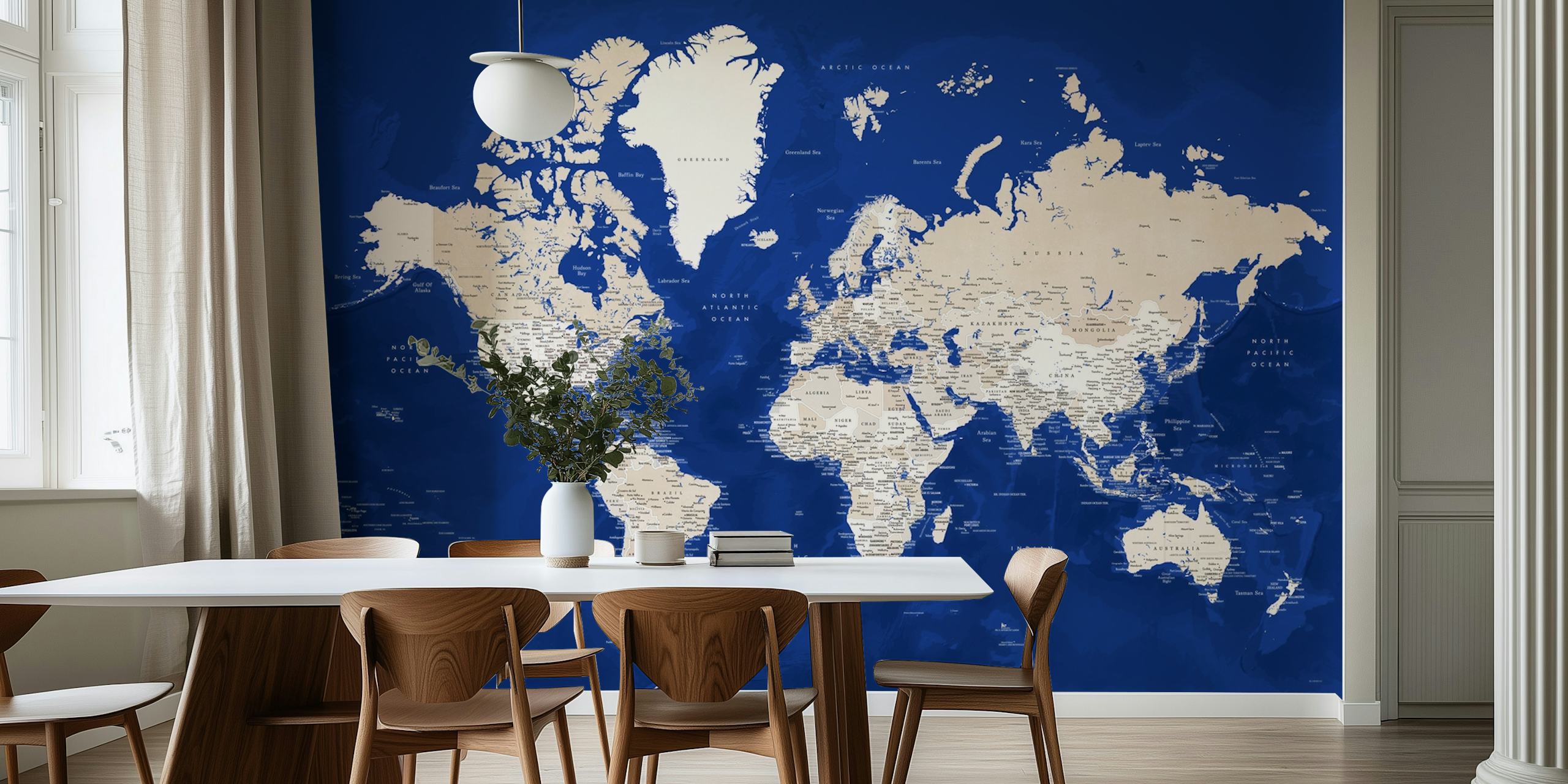 World map wallpaper in a stylish room