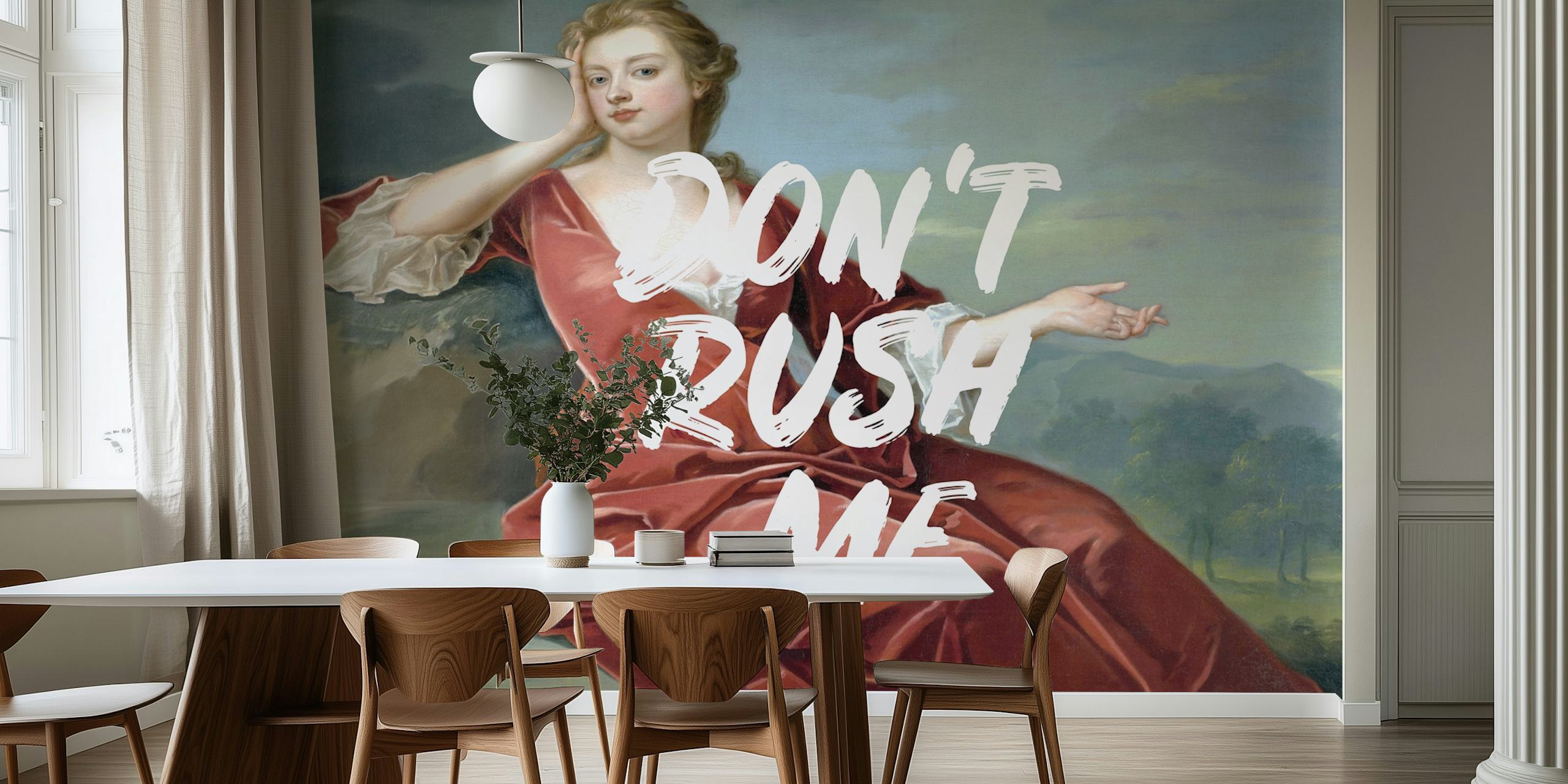 Vintage wallpaper featuring a lady in red dress and text Don't Rush Me