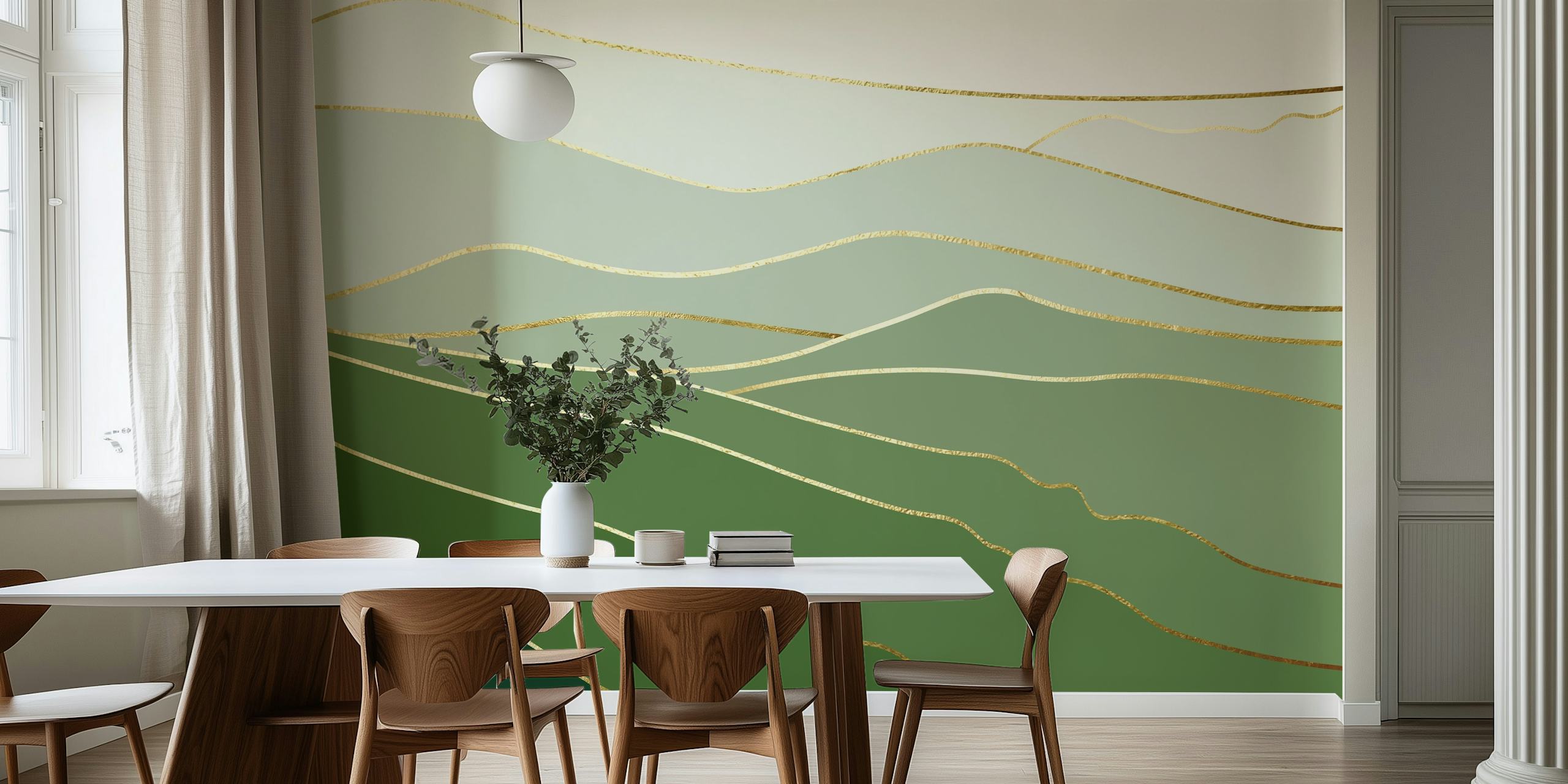 Abstract landscape wallpaper featuring green hues and gold outlines