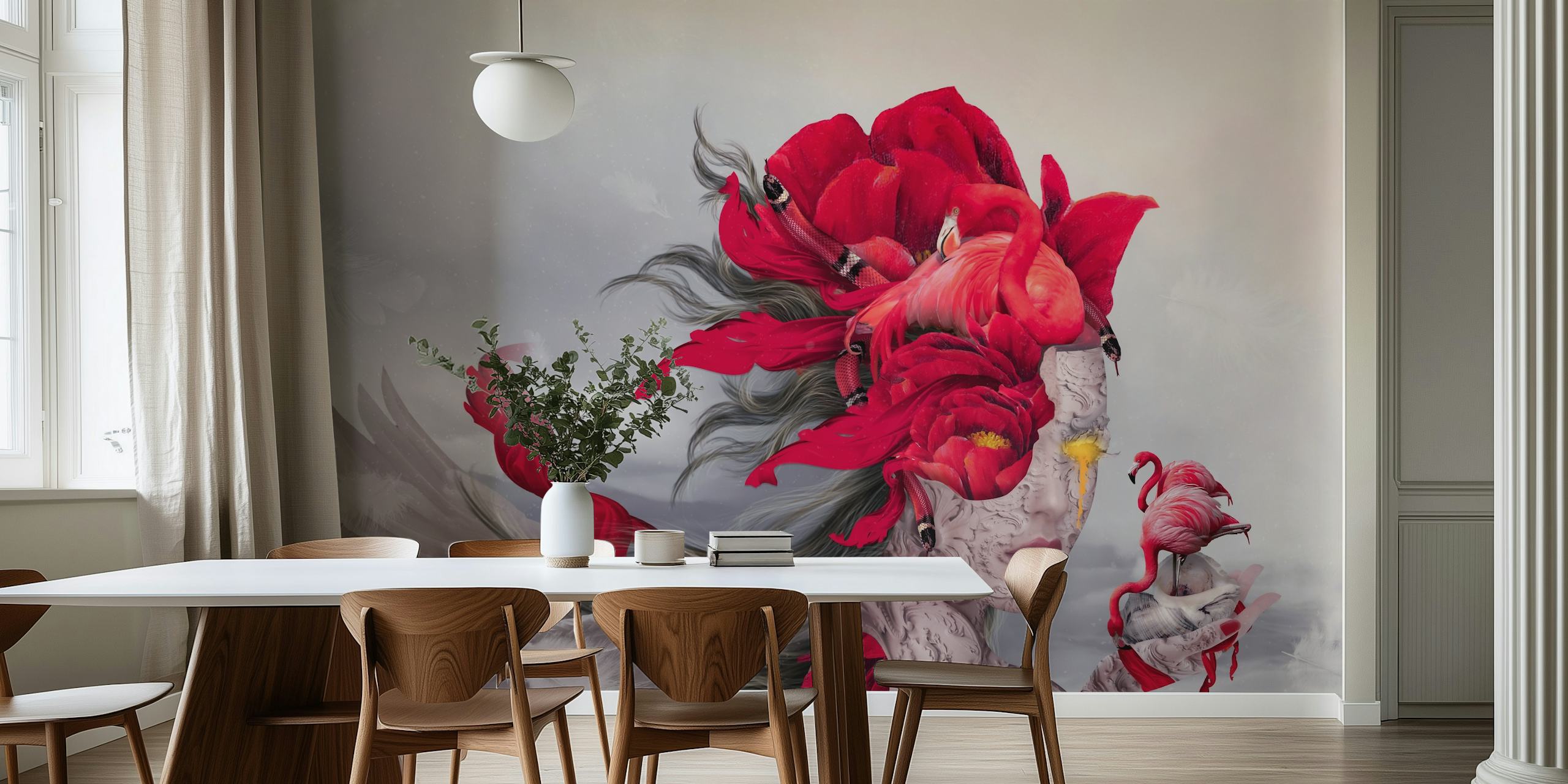 Flamingo Queen wallpaper featuring a woman with floral elements and flamingo, red colors, modern design