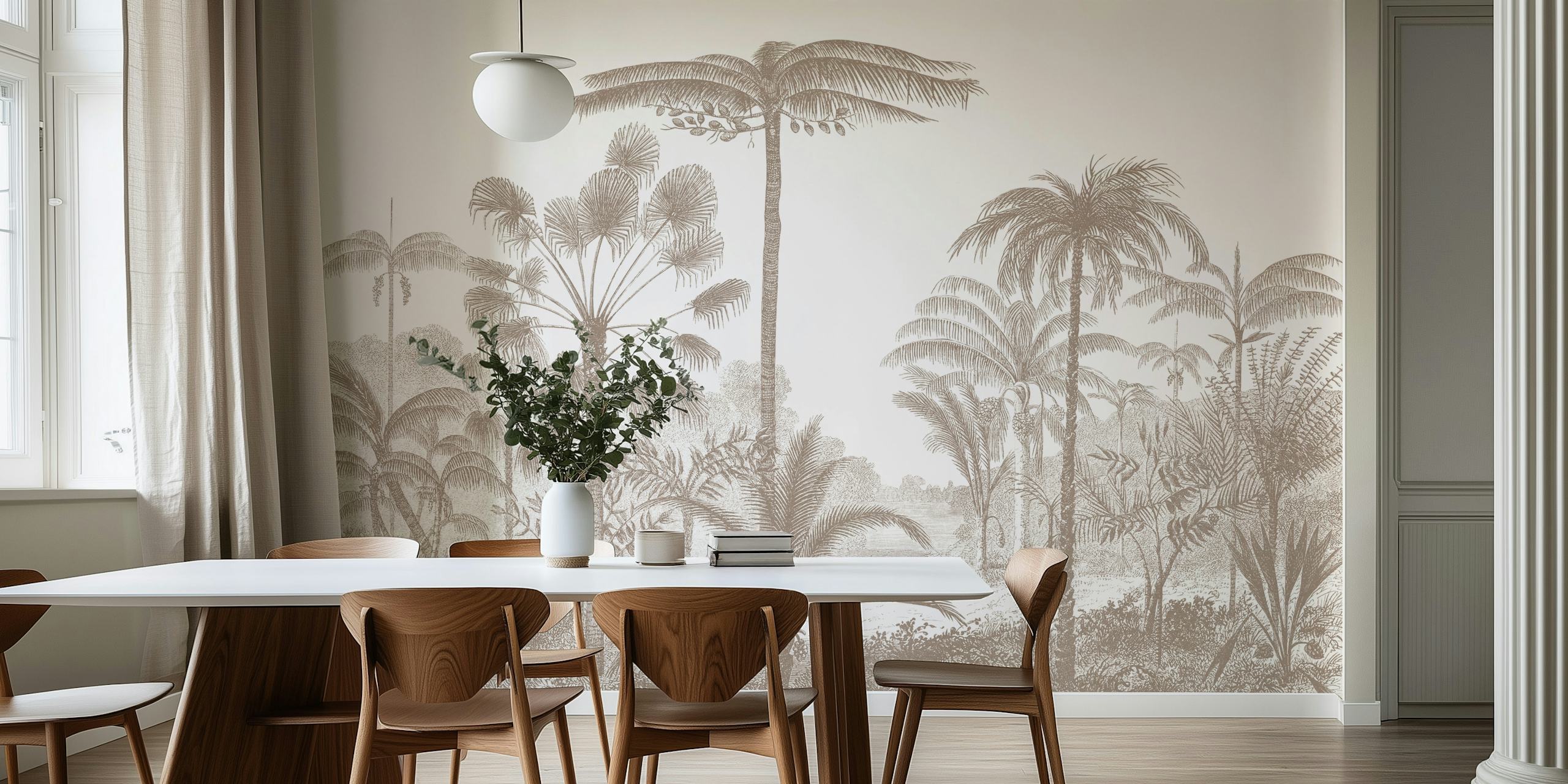 Vintage jungle scene with palm trees in bronze hues wallpaper