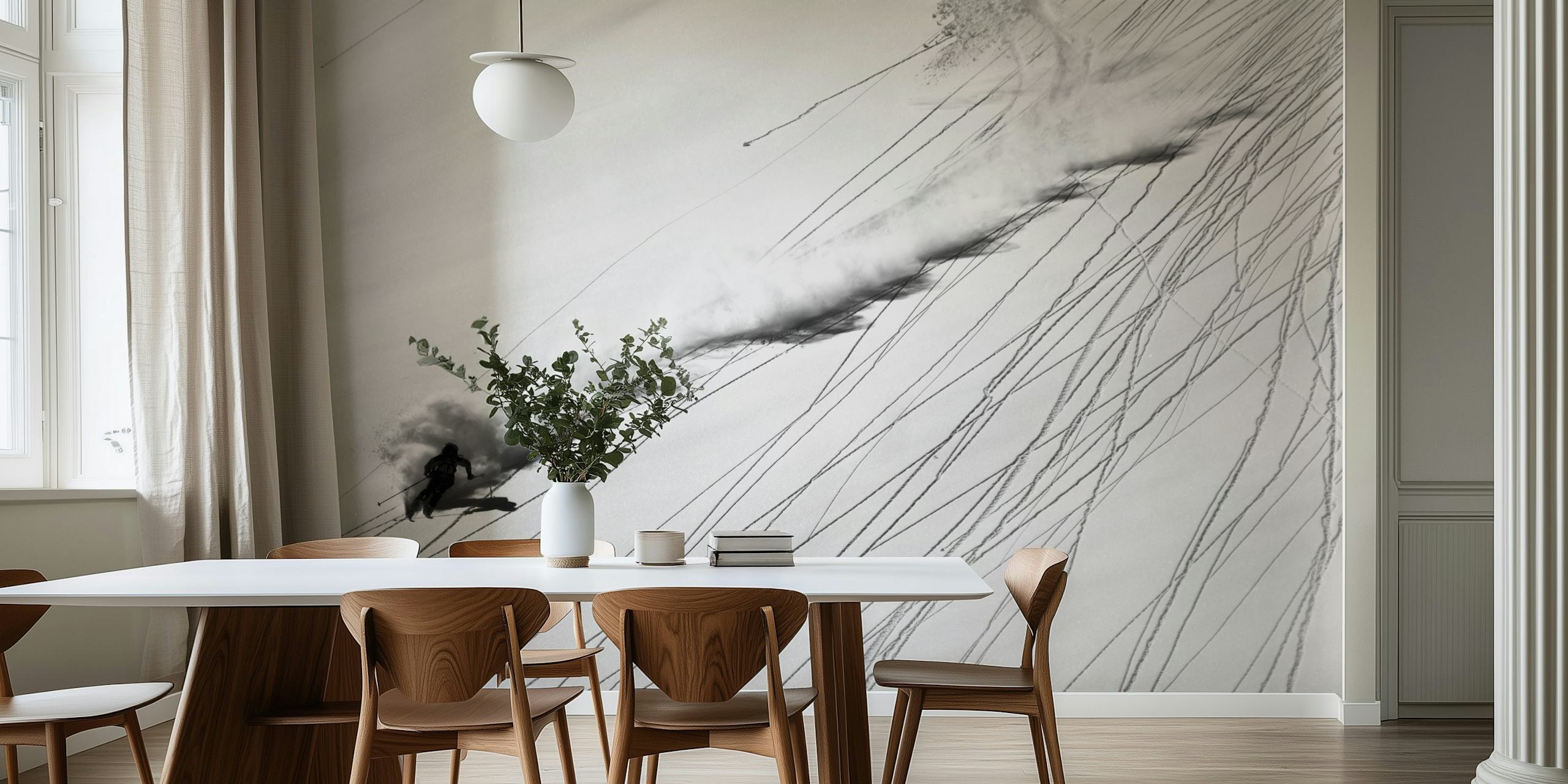 Skiër in sneeuw, zwart-wit achtergrond, dynamische lijnen, ski wallpaper