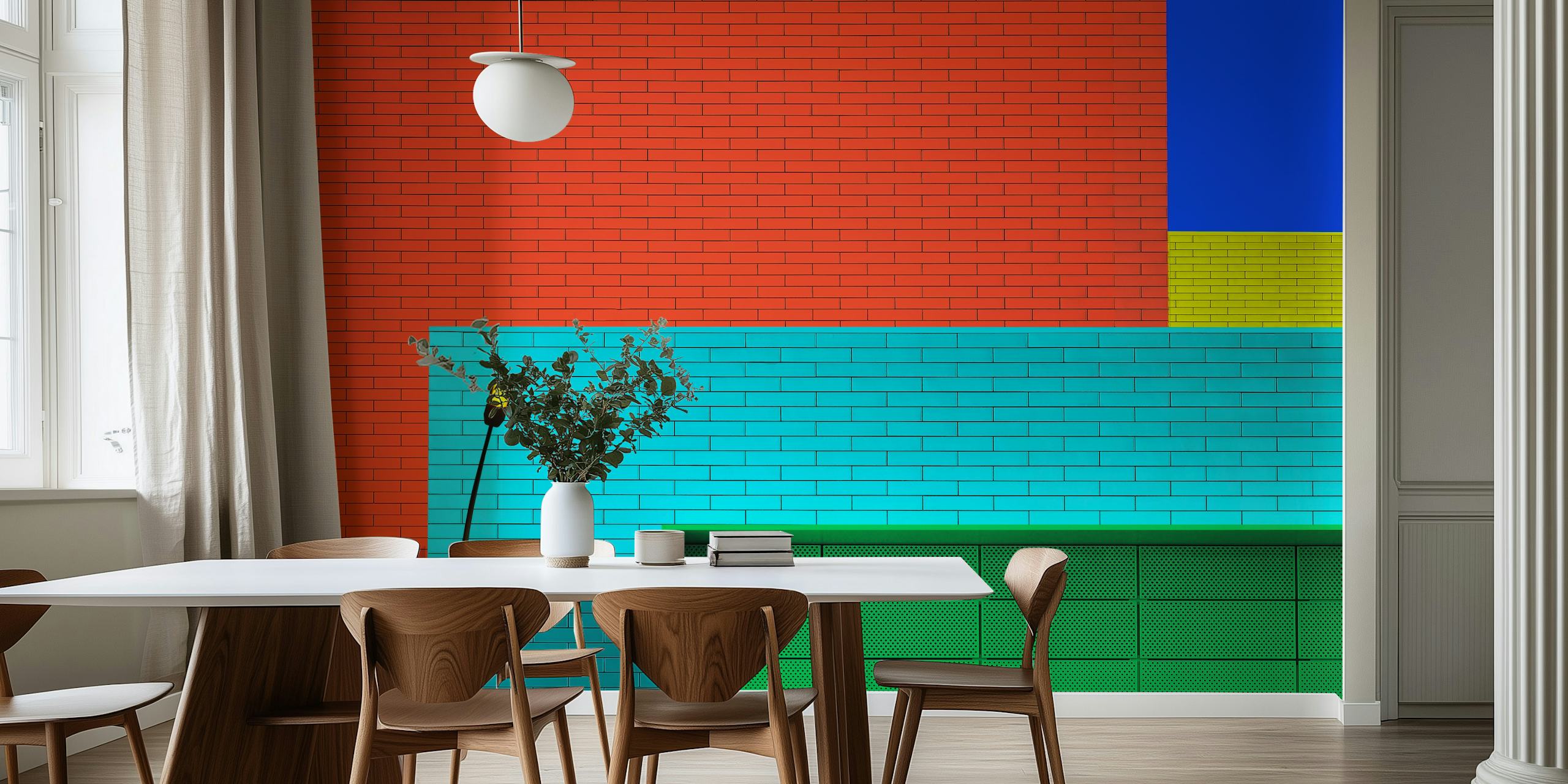 Colorful wall mural with a geometric pattern representing a spectrum of rainbow colors