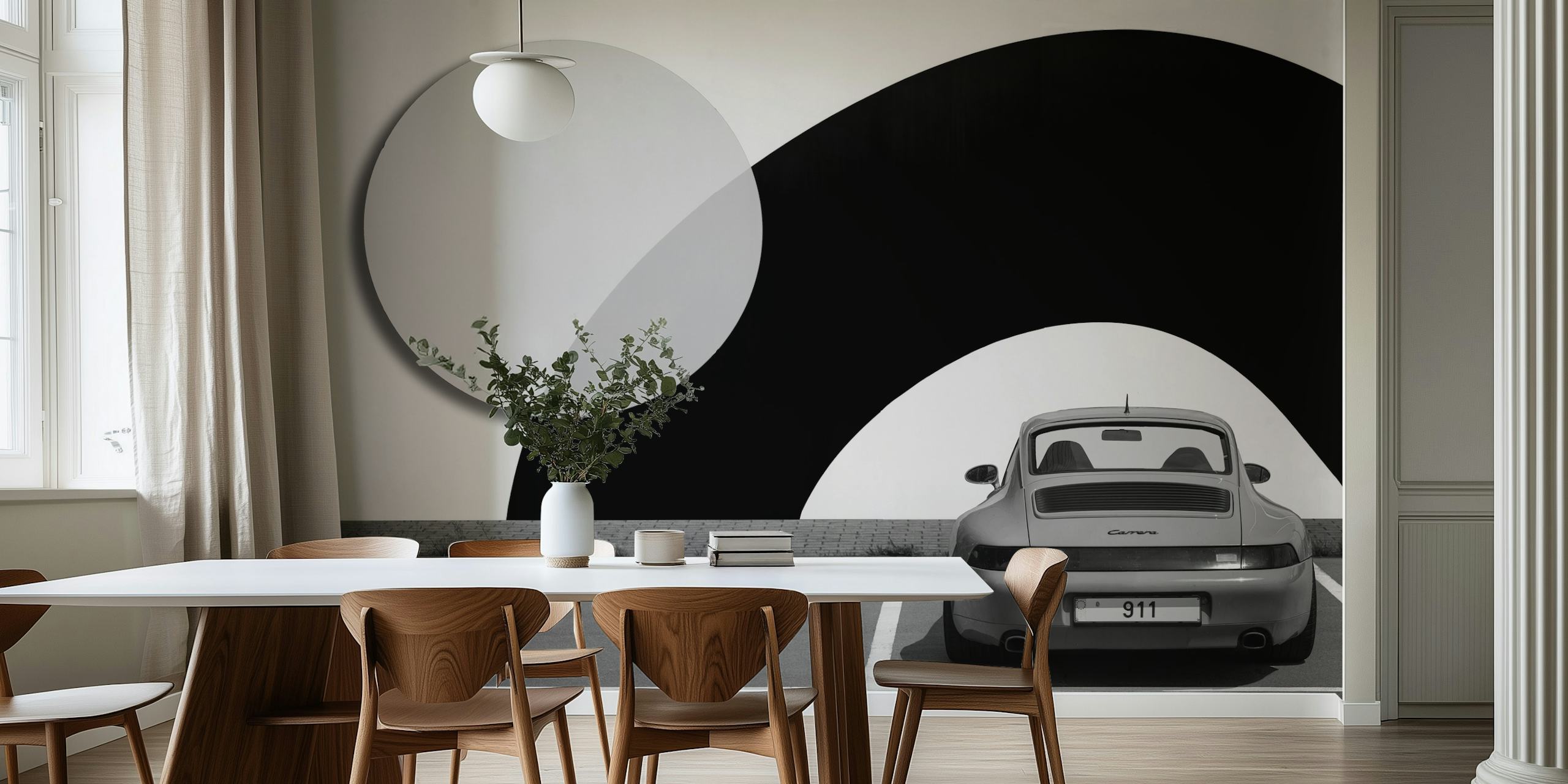 Papel de parede moderno com formas geométricas e um carro
