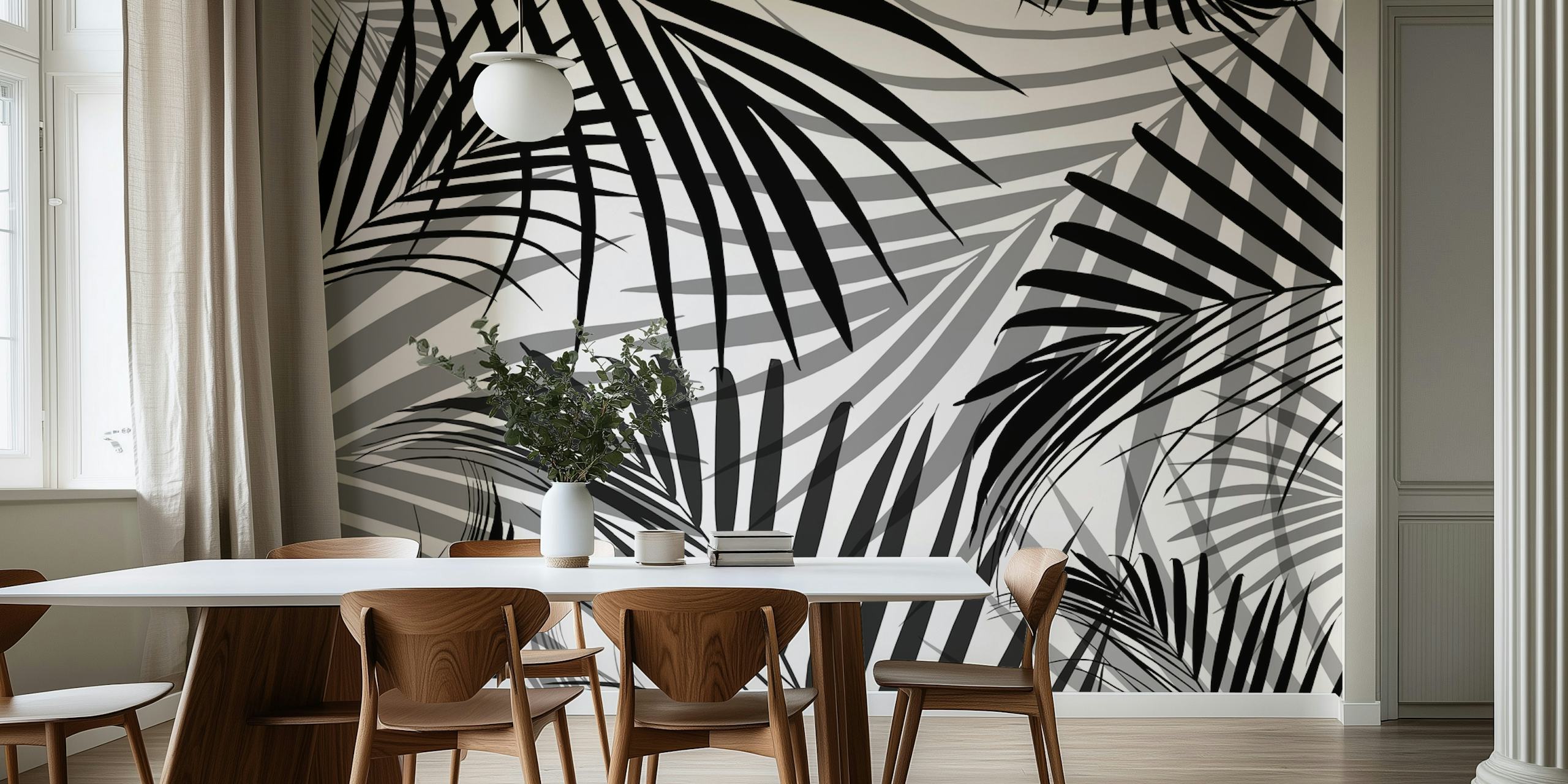 Tropical leaf pattern in black and white wallpaper