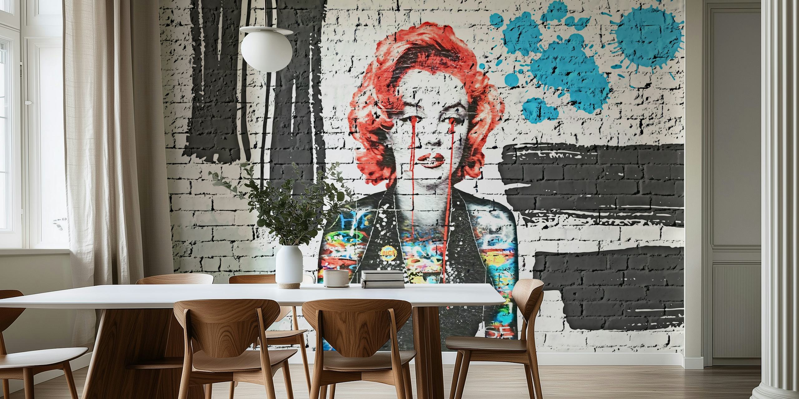 Colorful graffiti mural featuring a woman with red hair and vibrant patterns wallpaper