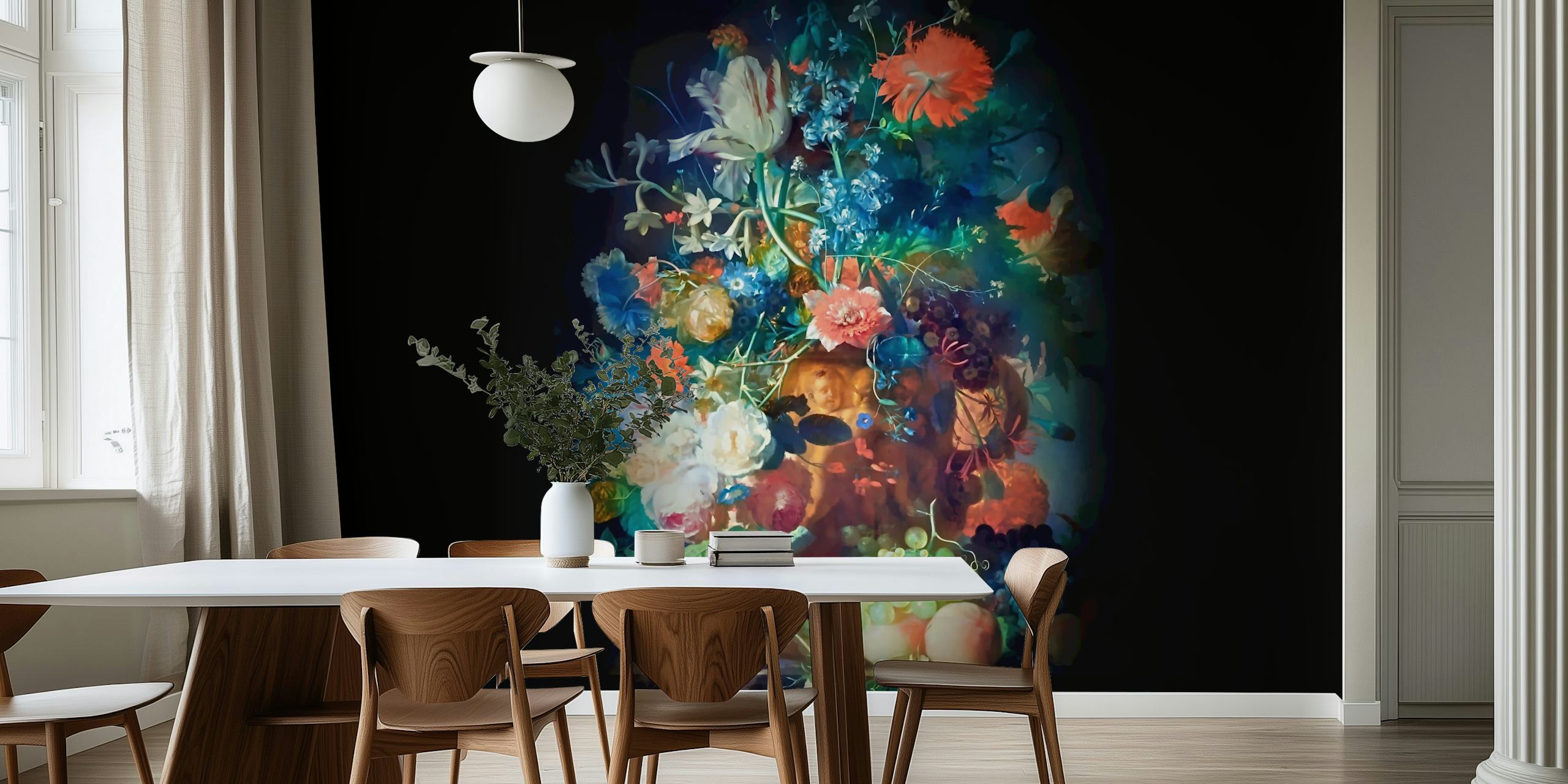 Colorful floral wallpaper in a room setting