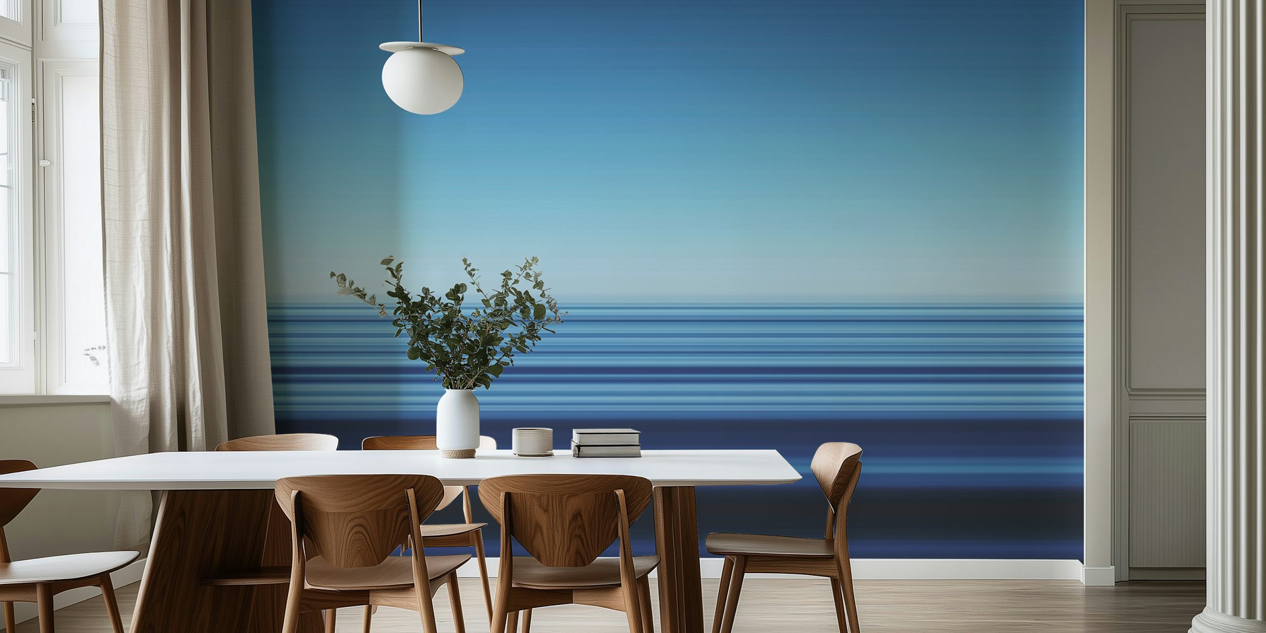 Abstract seascape wall mural with horizontal blue lines representing Playa des Ses Illetes