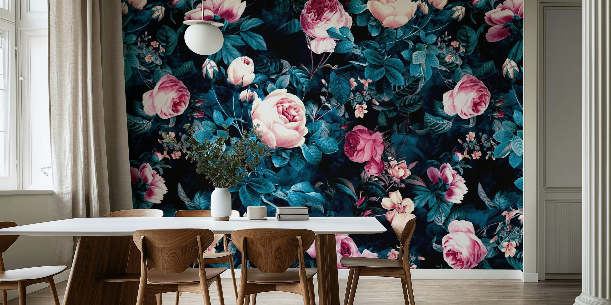 Dark blue floral wallpaper with blooming roses and green leaves