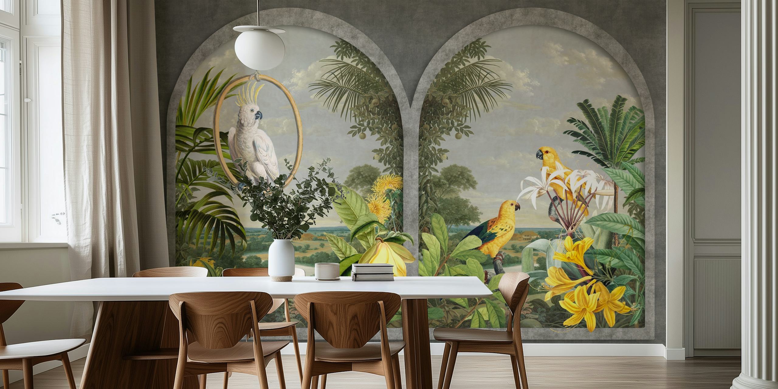 Two tropical birds amidst yellow flowers and green plants wallpaper