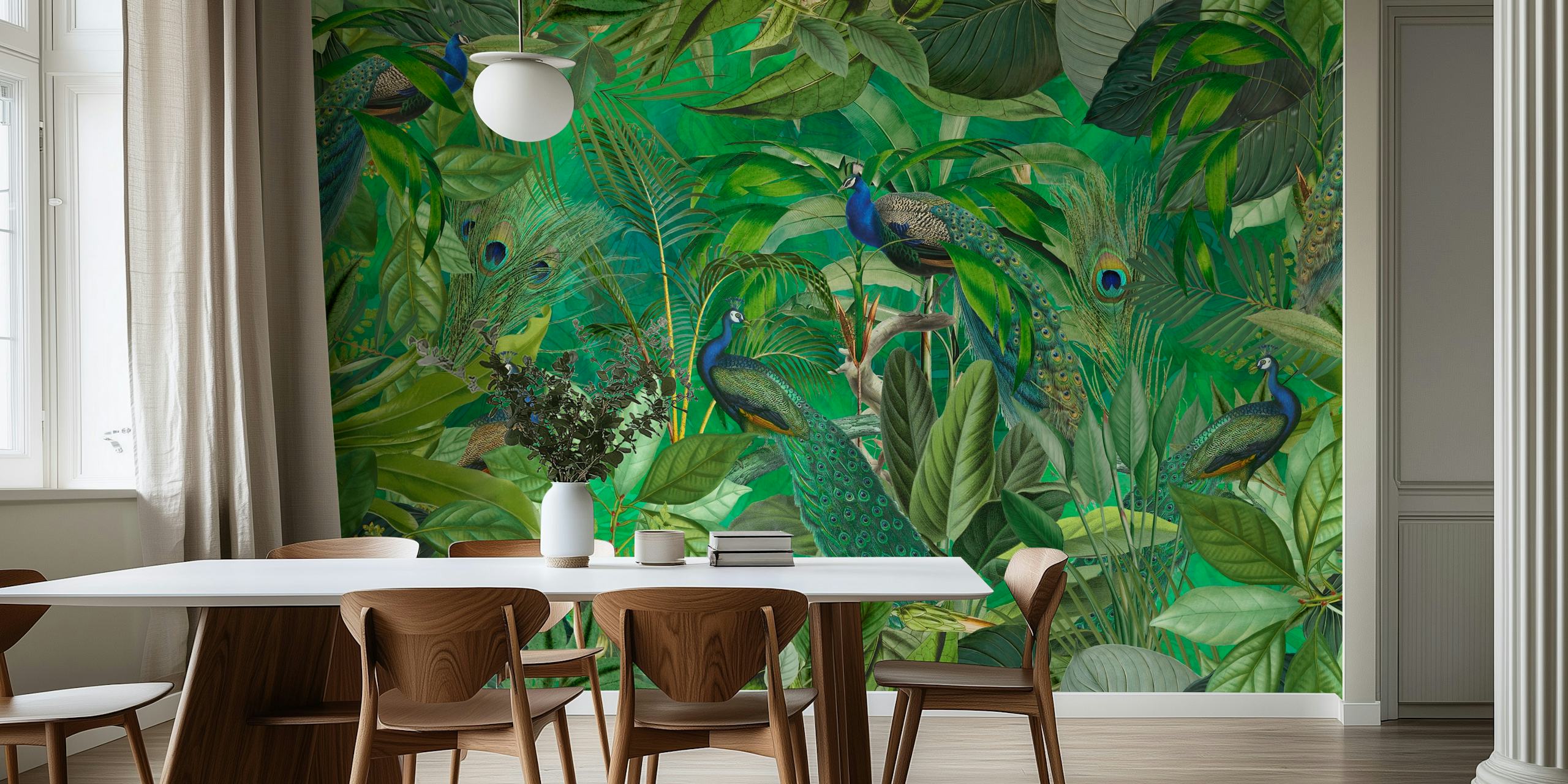 Papel de parede Peacocks Green Paradise em um quarto