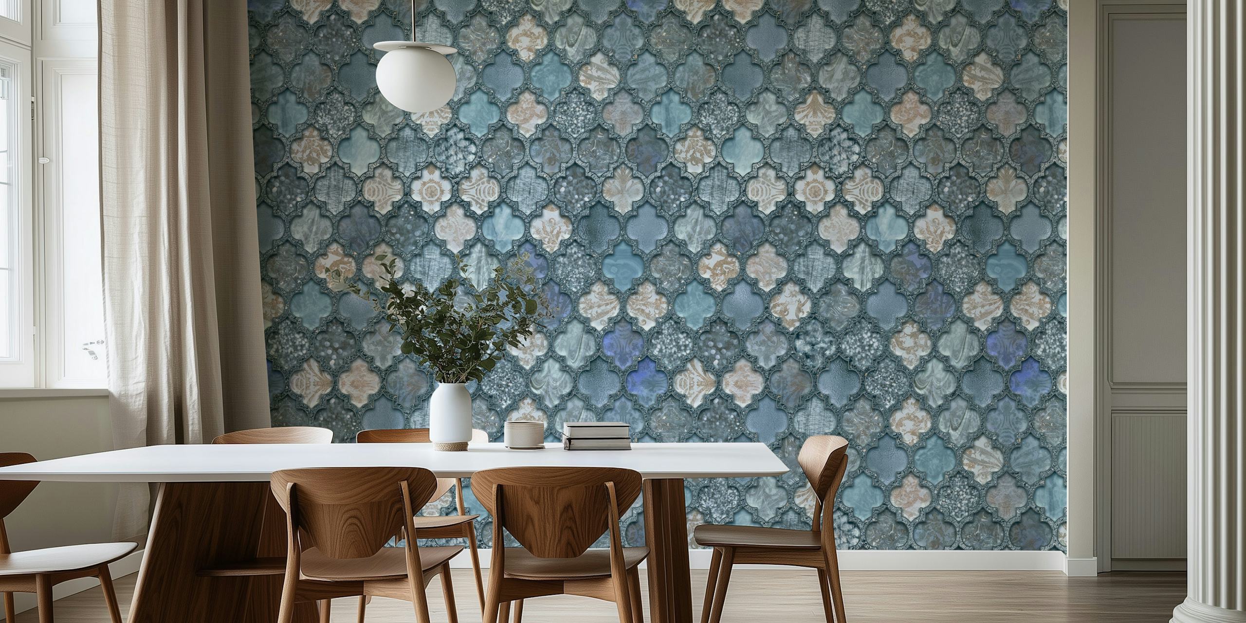 Vintage Moroccan tiles blue wallpaper design