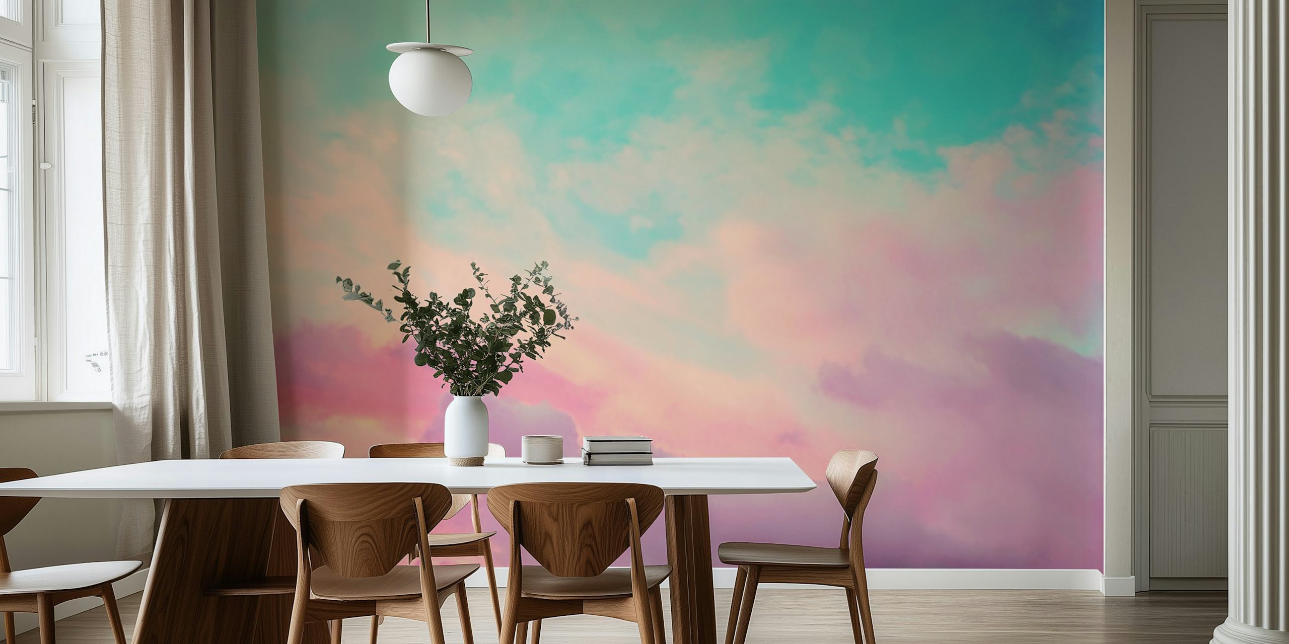 Mural de cielo pastel con suaves azules y rosas que se asemejan a un sereno atardecer