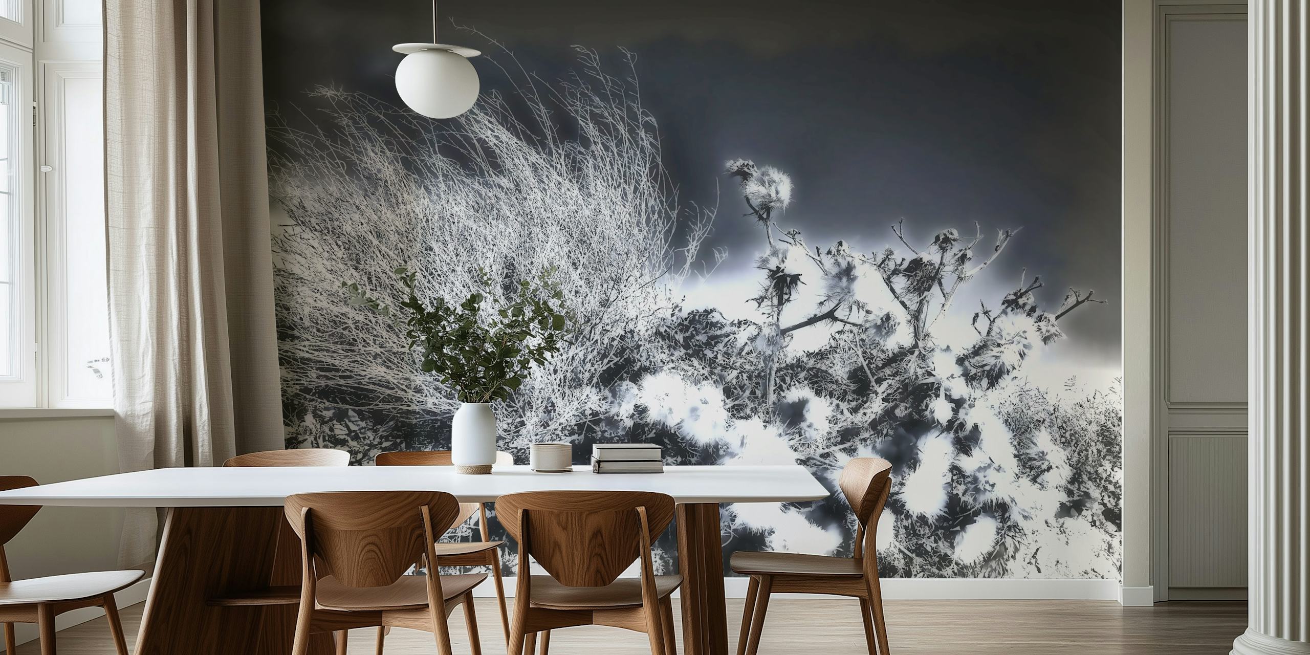 Arbres balayés par le vent dans une fresque murale monochrome de happywall.com
