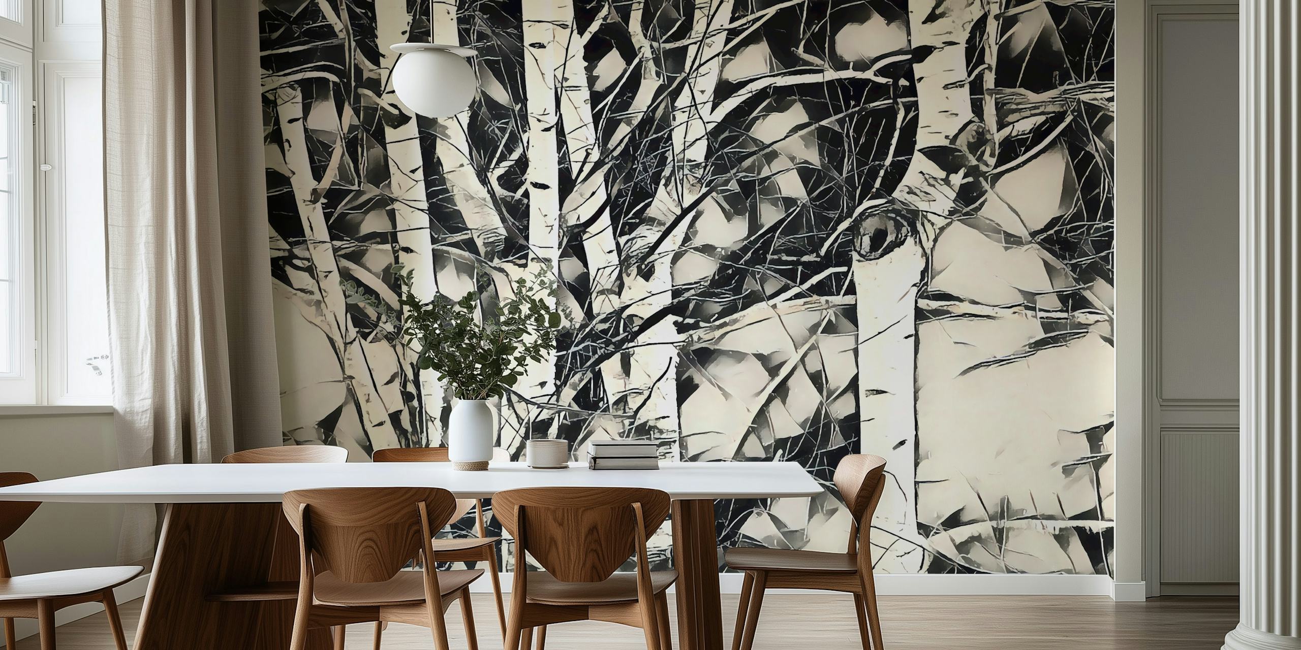 Black and white birch trees pattern wallpaper