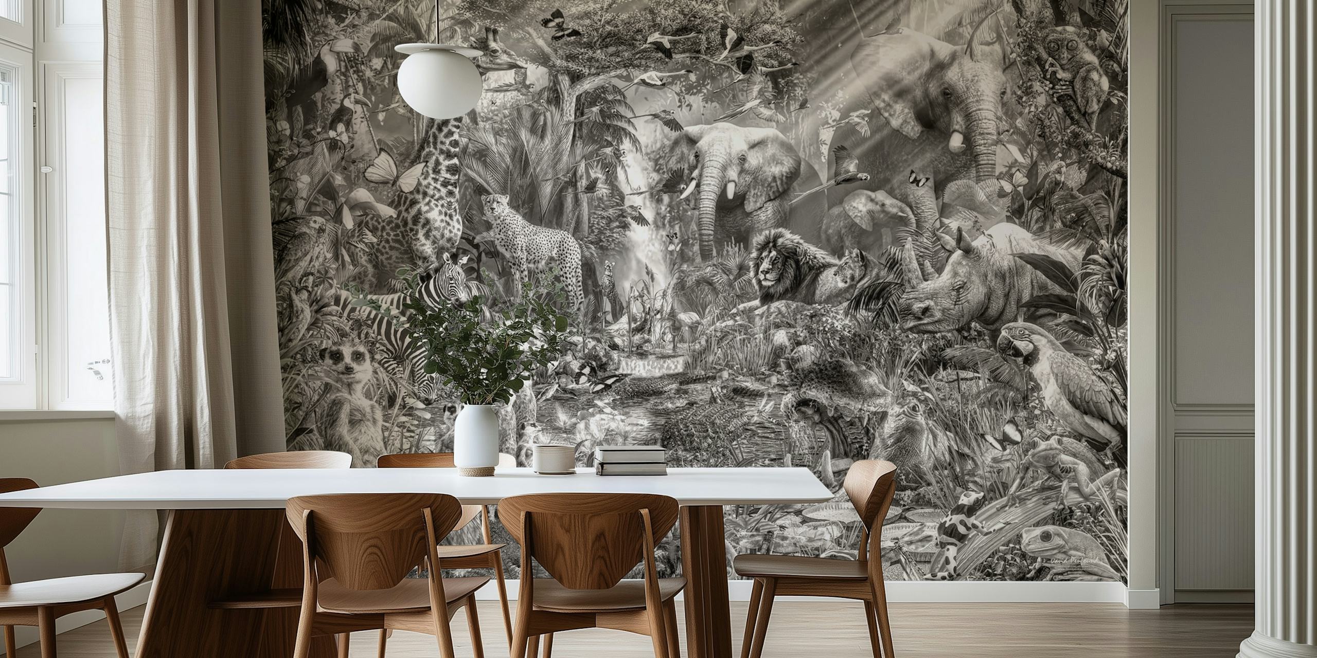 Jungle animal scene with elephants, lions, and zebras in black and white wallpaper