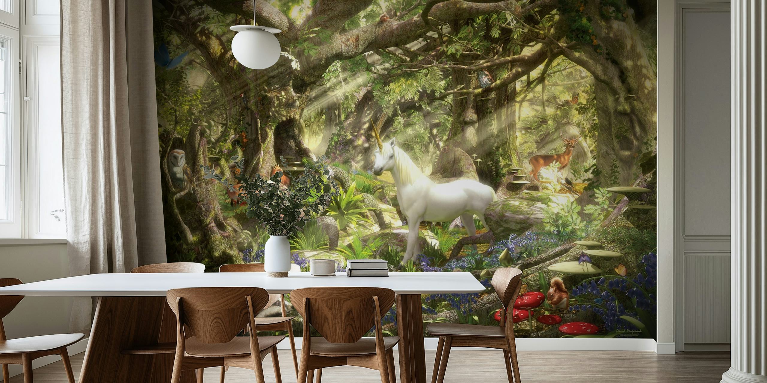 Ein Einhorn in einem magischen Wald mit bunten Blumen und Tieren, Fantasy-Stil Wallpaper