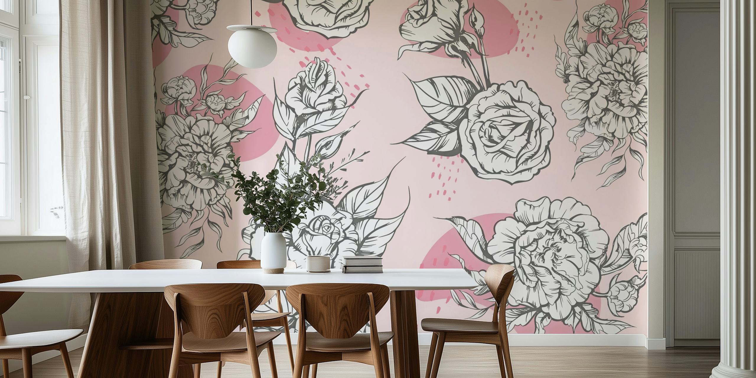 Elegant white peonies with detailed sketches over a pastel pink background wall mural.