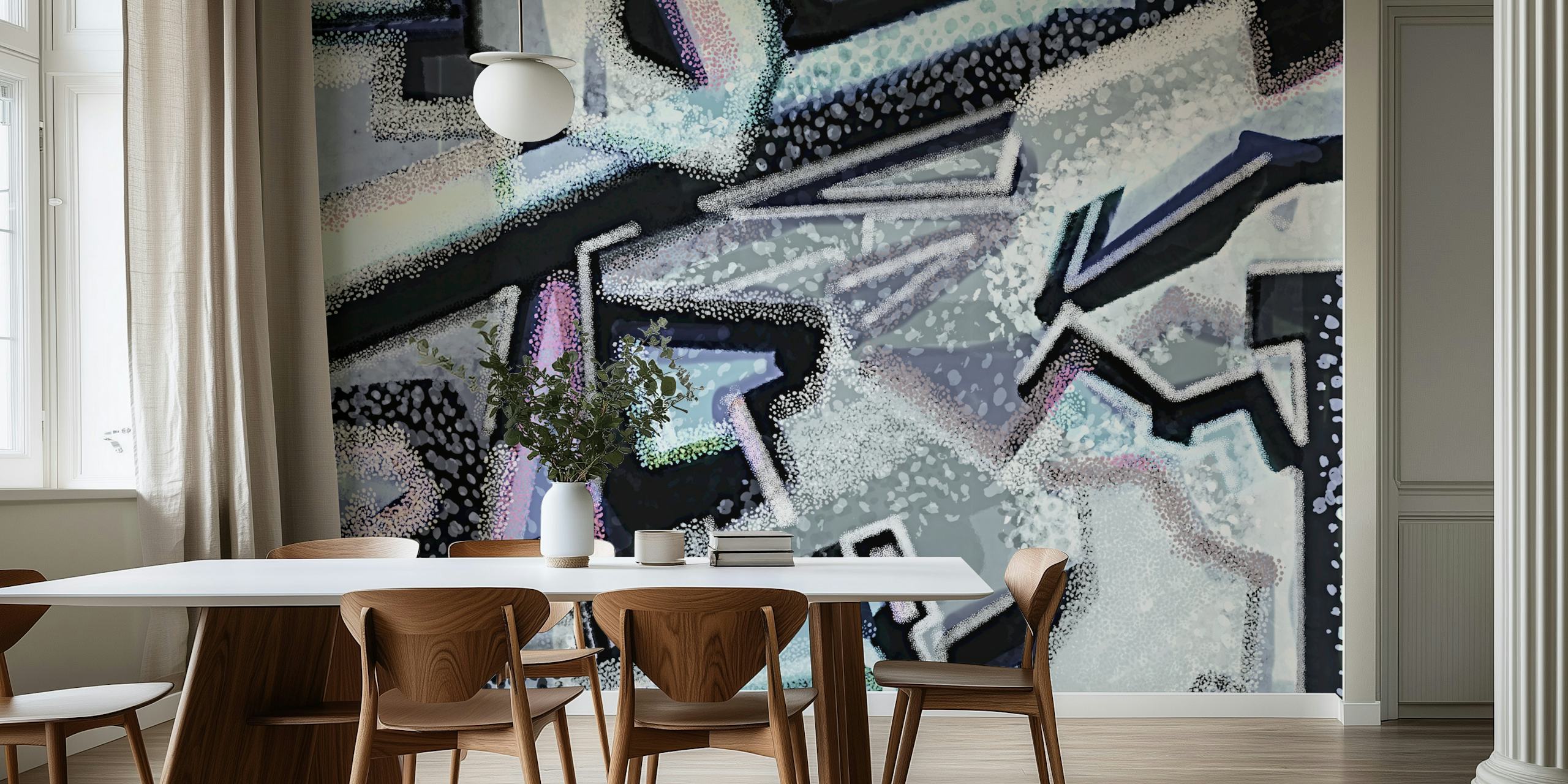 Urban geometric graffiti art wallpaper in a room