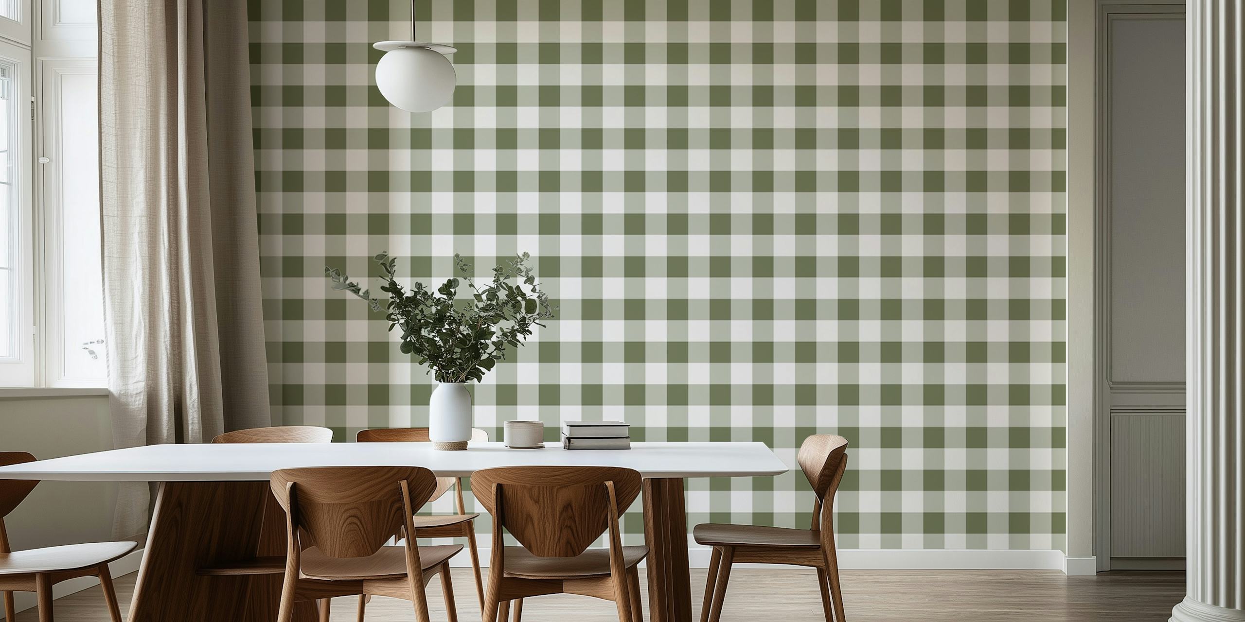 Green and white gingham check pattern wallpaper