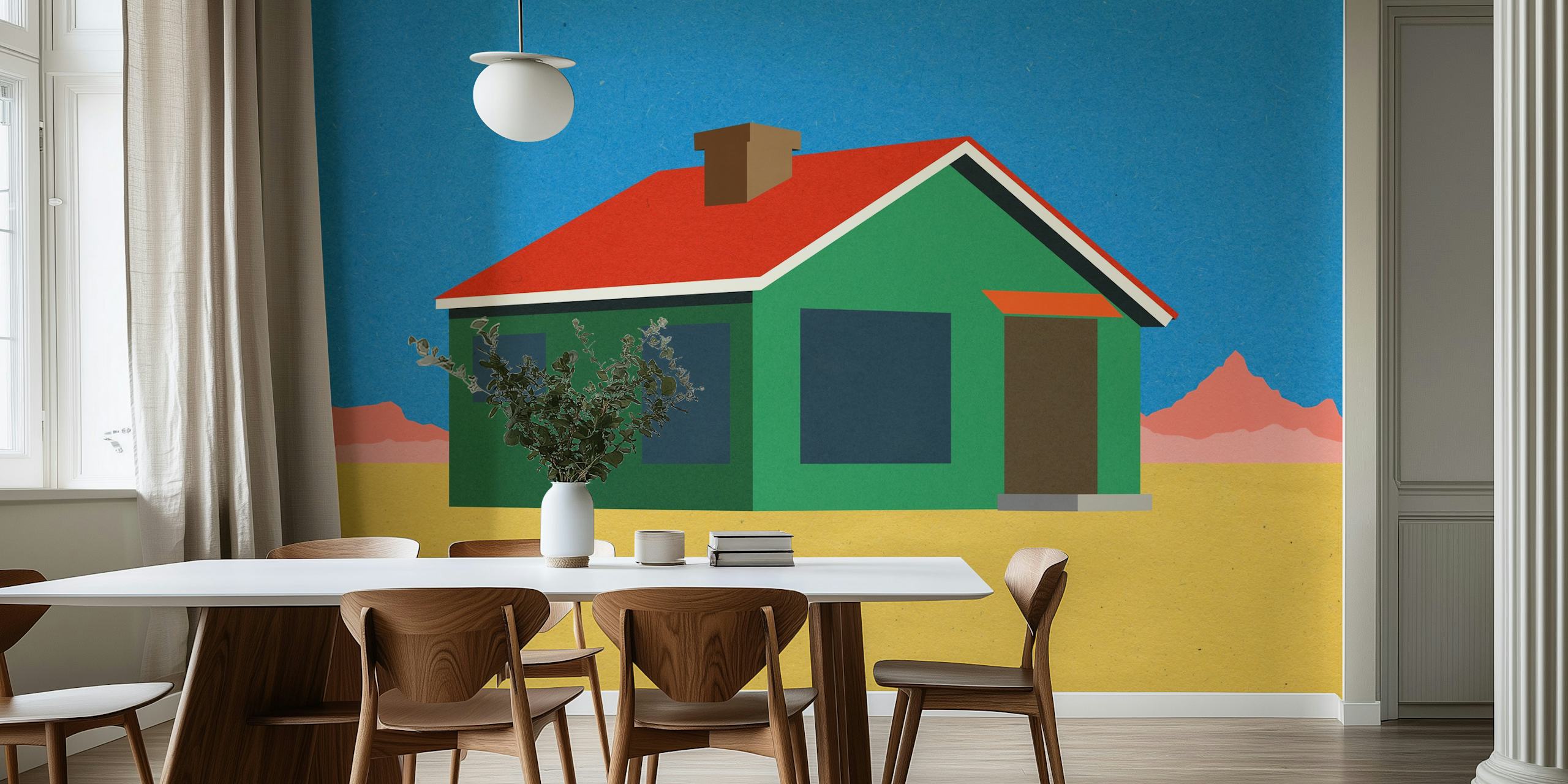 Colorful house design with green walls and red roof against a blue sky wallpaper