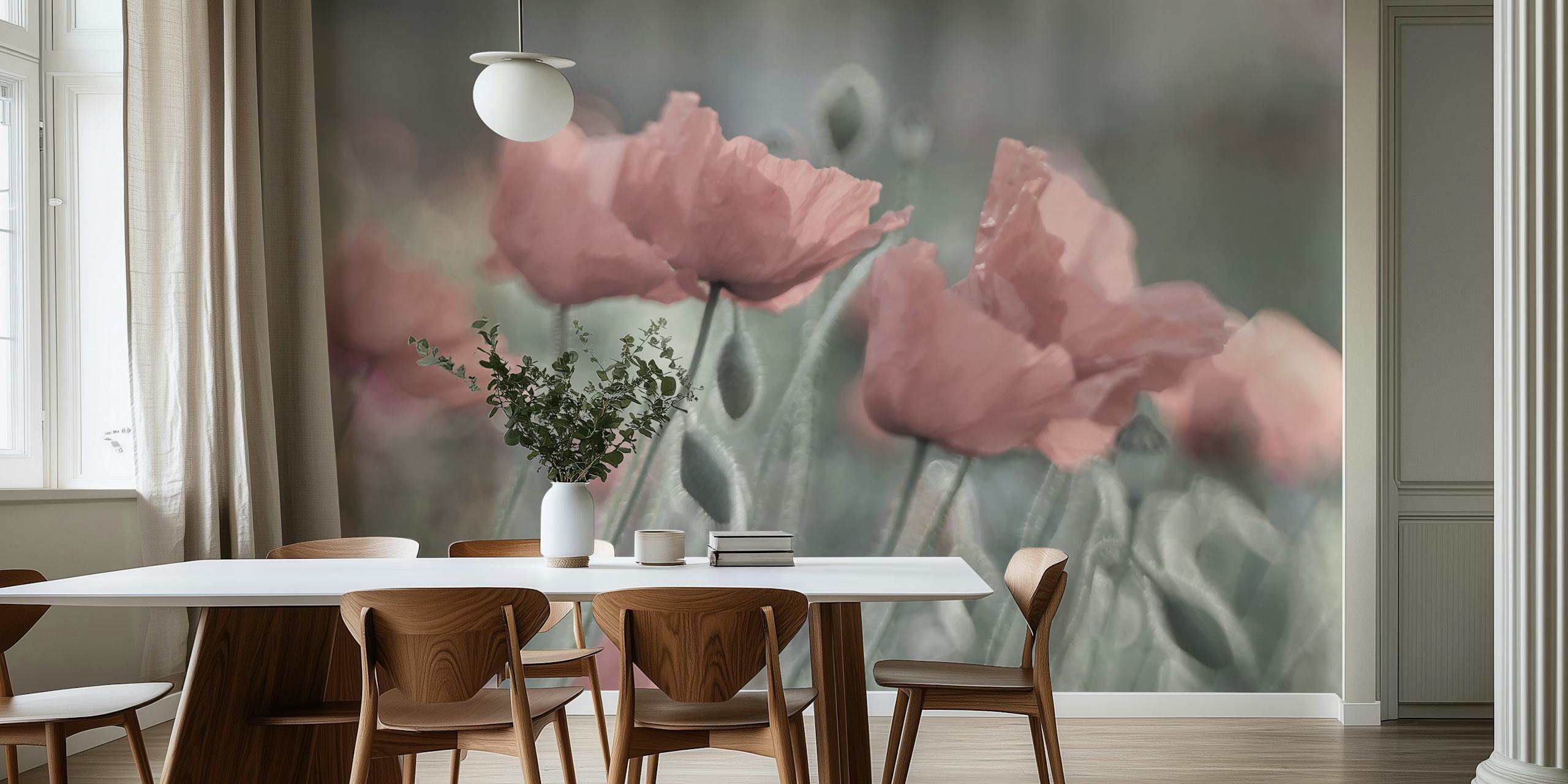 Pink soft poppies with green stems floral wallpaper