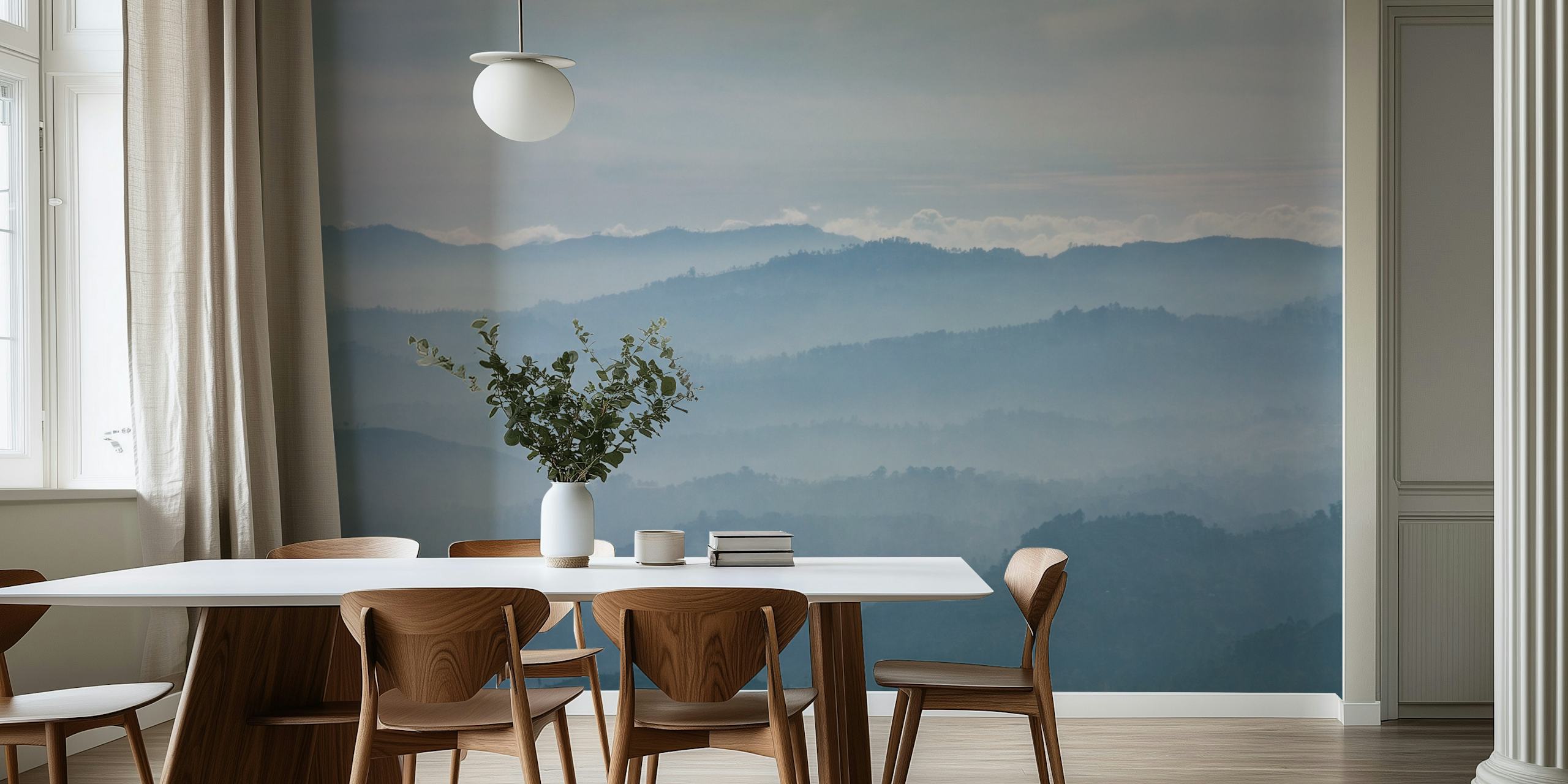 Foggy mountain landscape in blue tones wallpaper