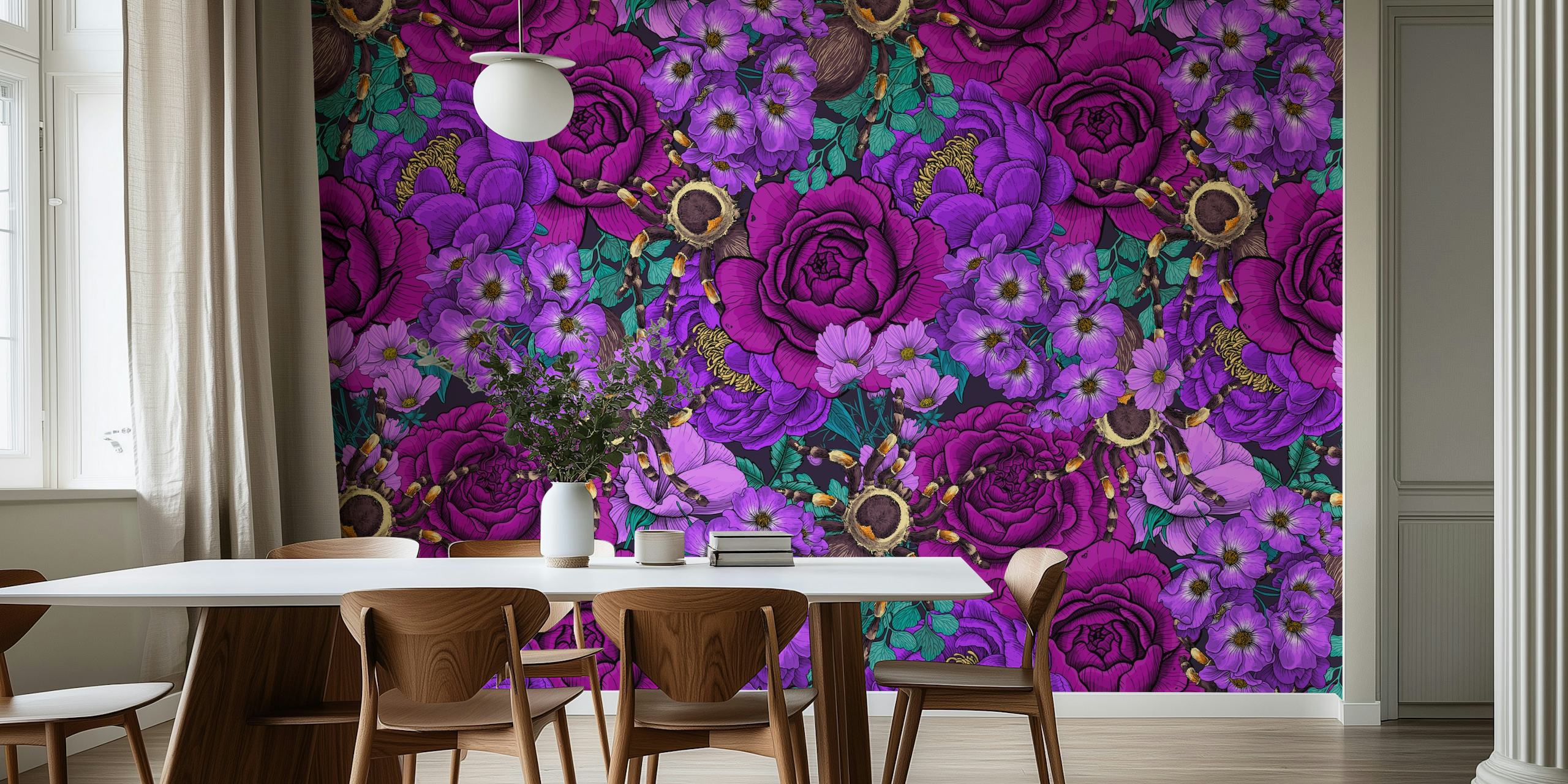 Purple flowers and spiders create a vibrant floral wallpaper design.