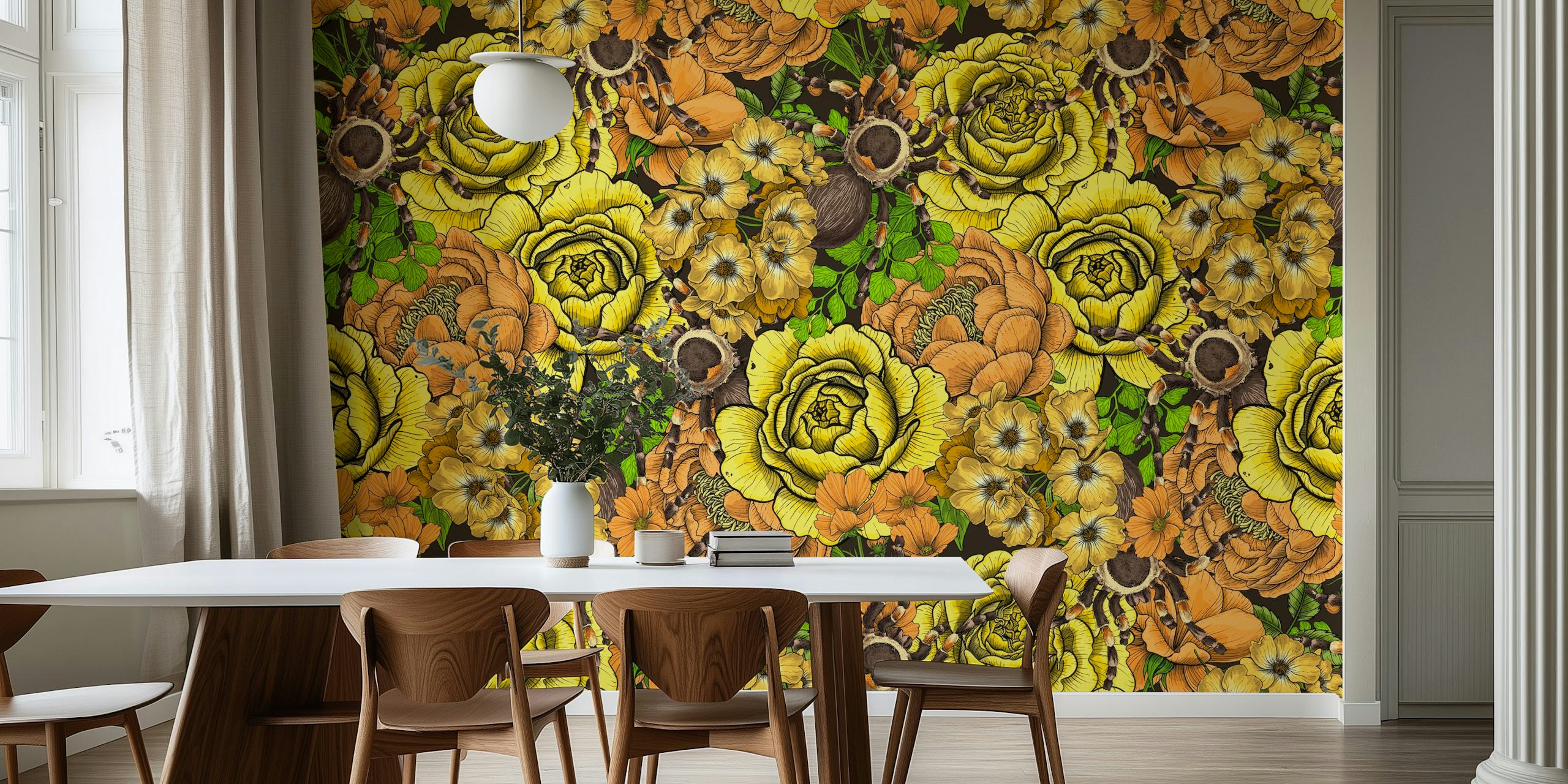 Floral garden wallpaper featuring yellow and orange flowers with green leaves