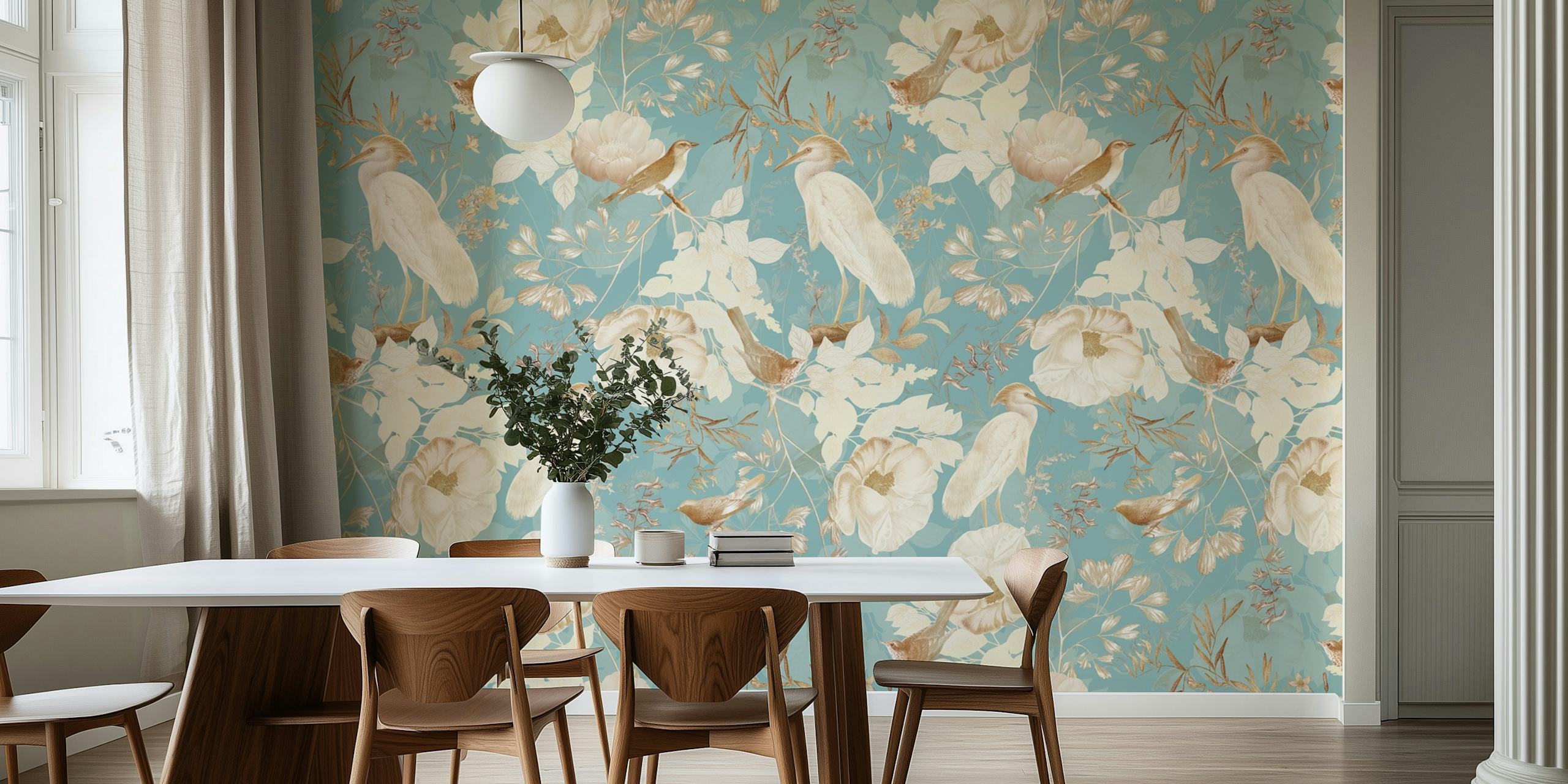 Vintage floral design with exotic birds and soft colors wallpaper