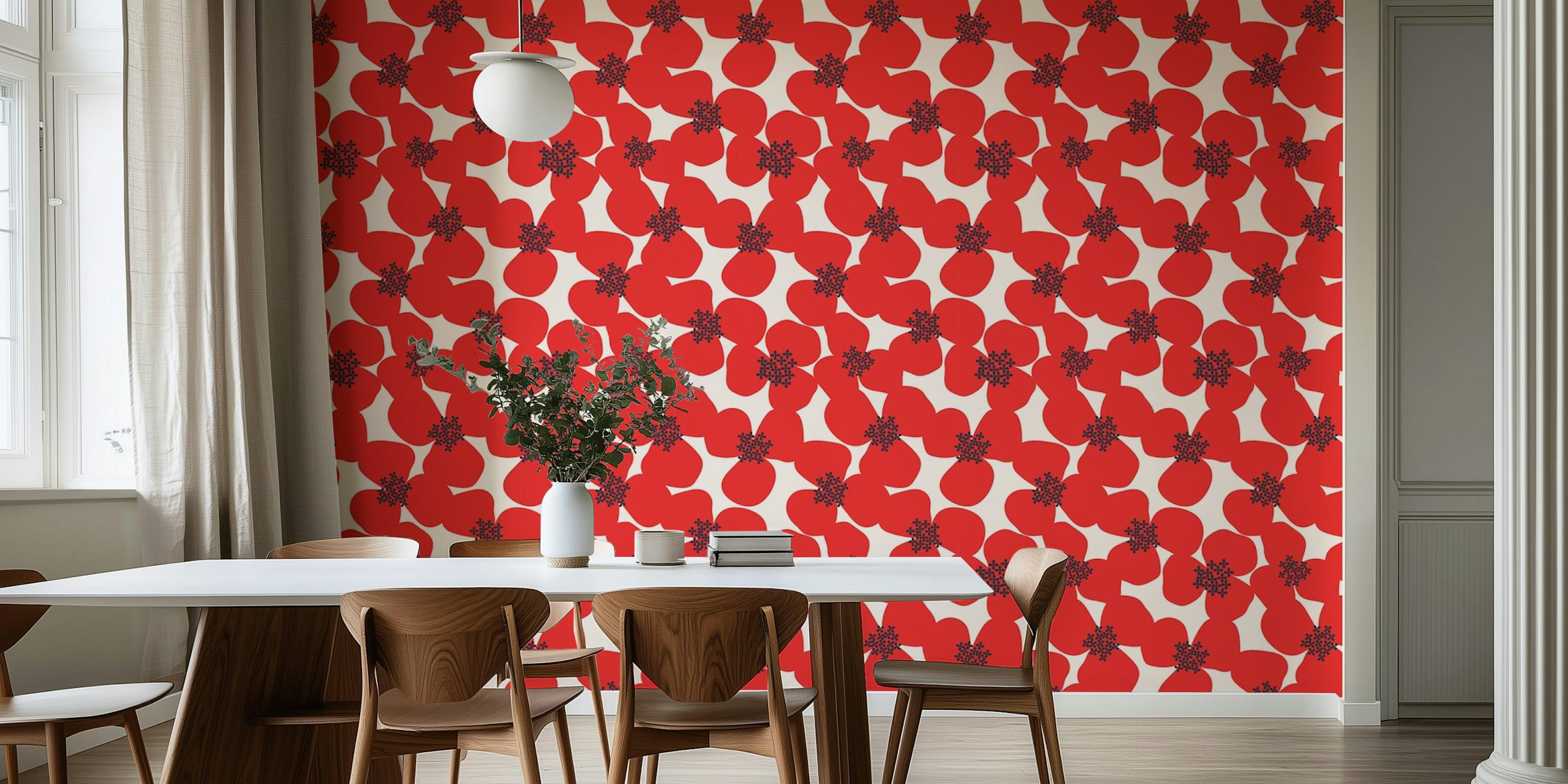 Red floral pattern wallpaper featuring bold flowers and shapes