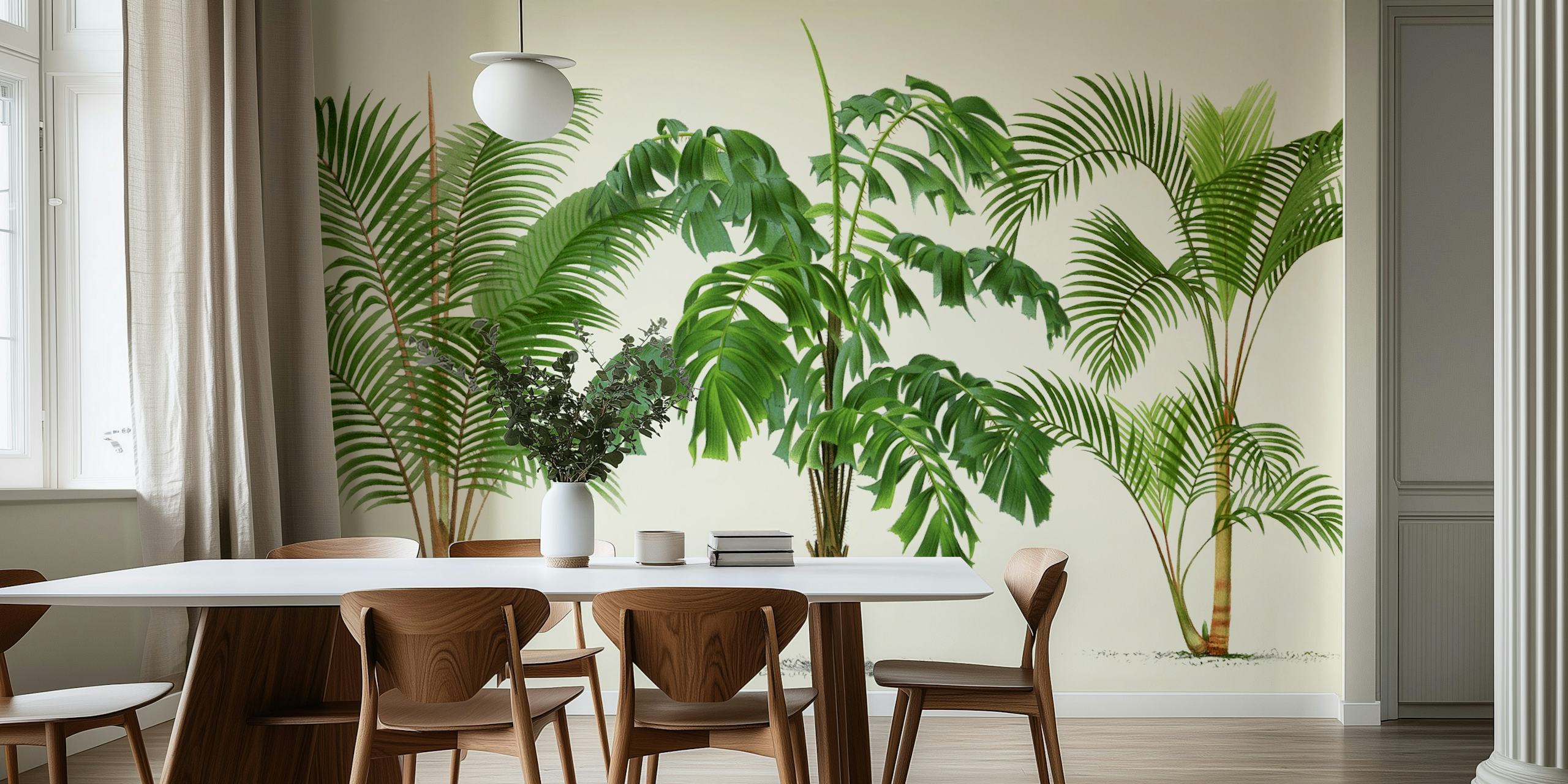 Palm tree leaves wall mural depicting an array of tropical fronds in a serene garden setting