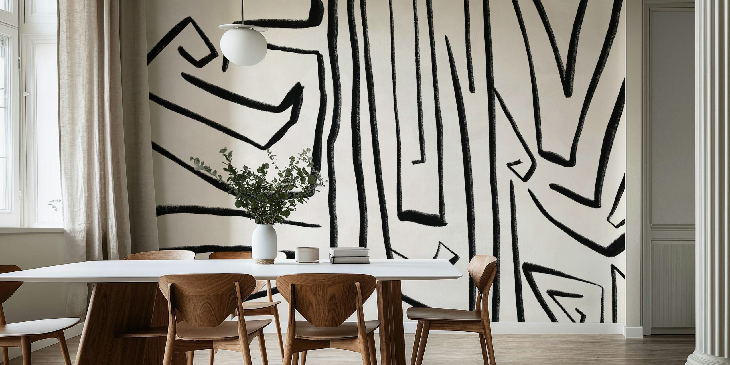 Abstrakt veggmaleri med svarte og hvite linjer, Modern Improvisation 02