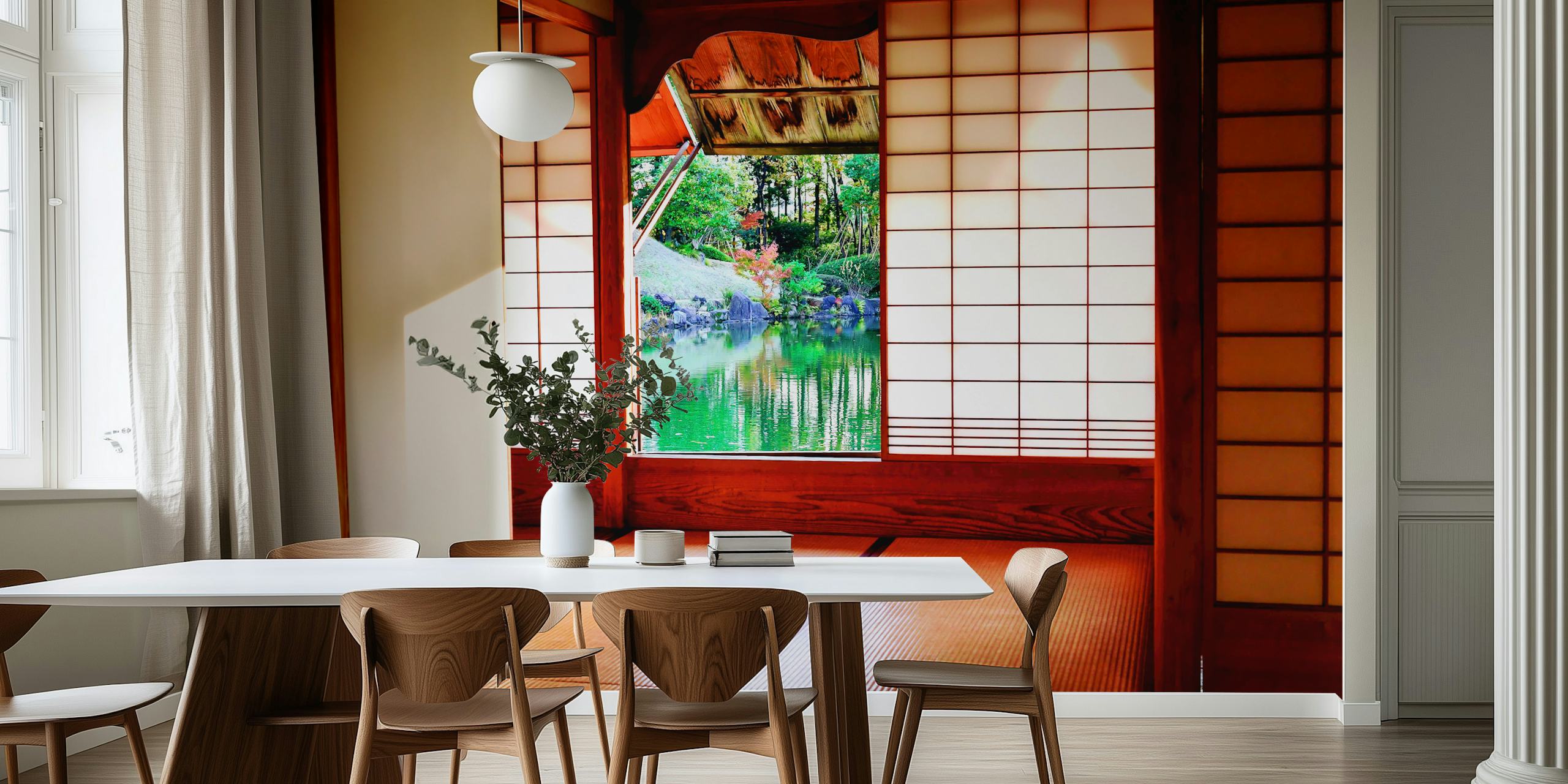 Porte shoji japonaise traditionnelle ouvrant sur un jardin zen papier peint mural